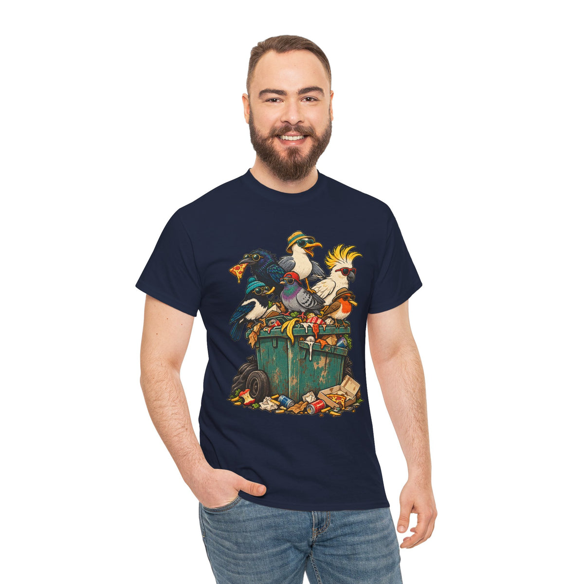 The Bin Squad Funny Birds T-Shirt – Cartoon Birds Raiding a Wheelie Bin Tee