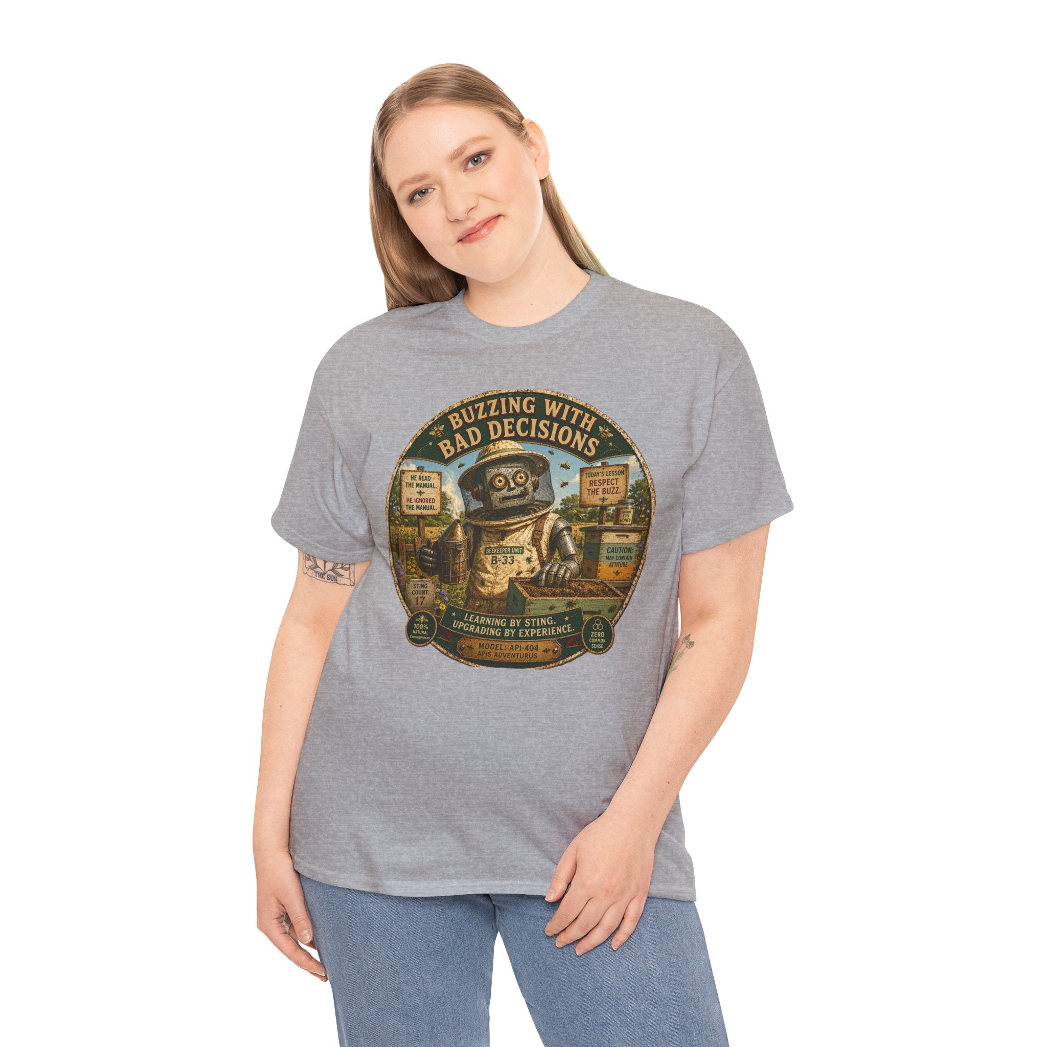 Buzzing With Bad Decisions T-Shirt — Funny Robot Beekeeper Graphic Tee
