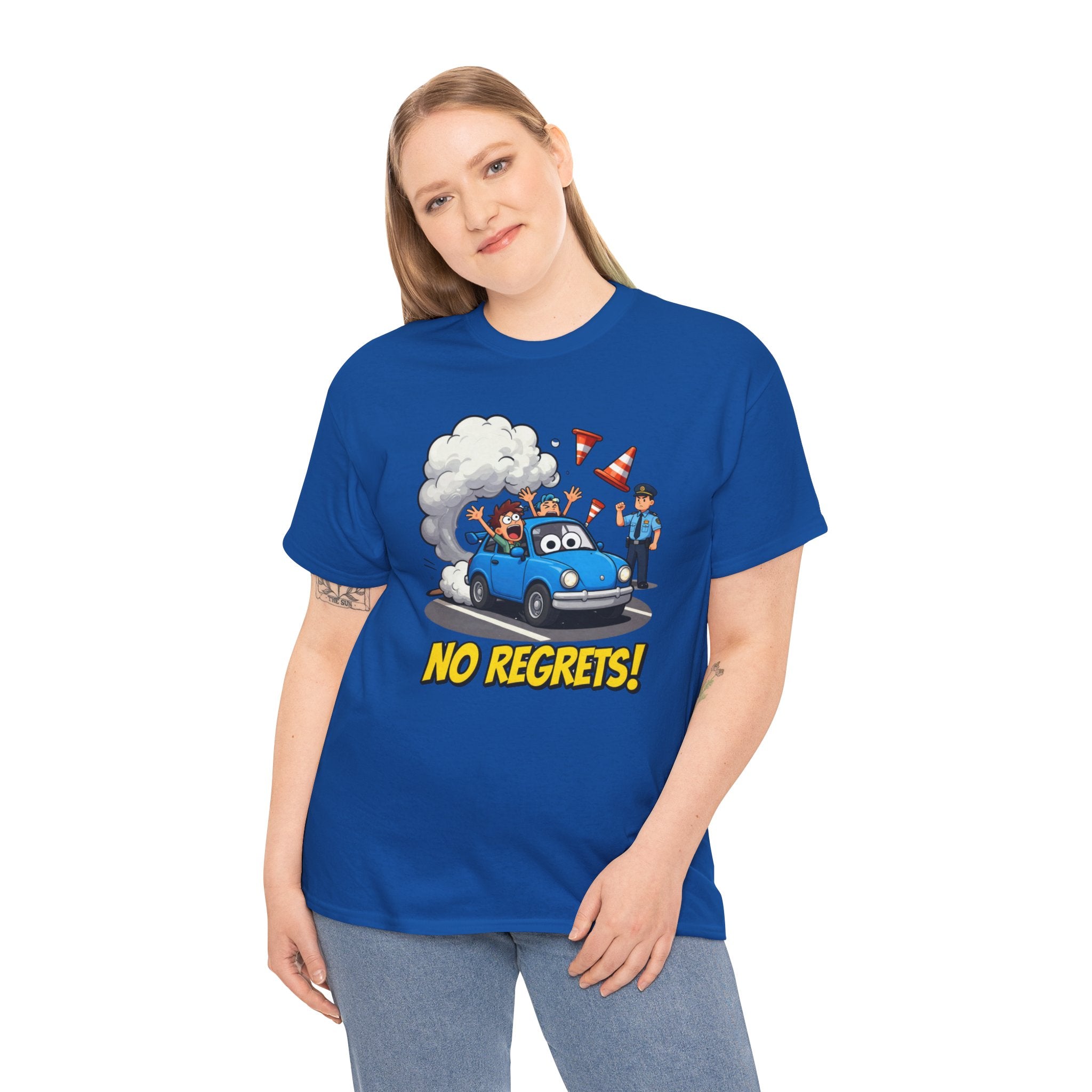 No Regrets T-Shirt – Funny Cartoon Car Police Chase Road Cone Chaos | Bad Driver Motoring Humour Graphic Tee