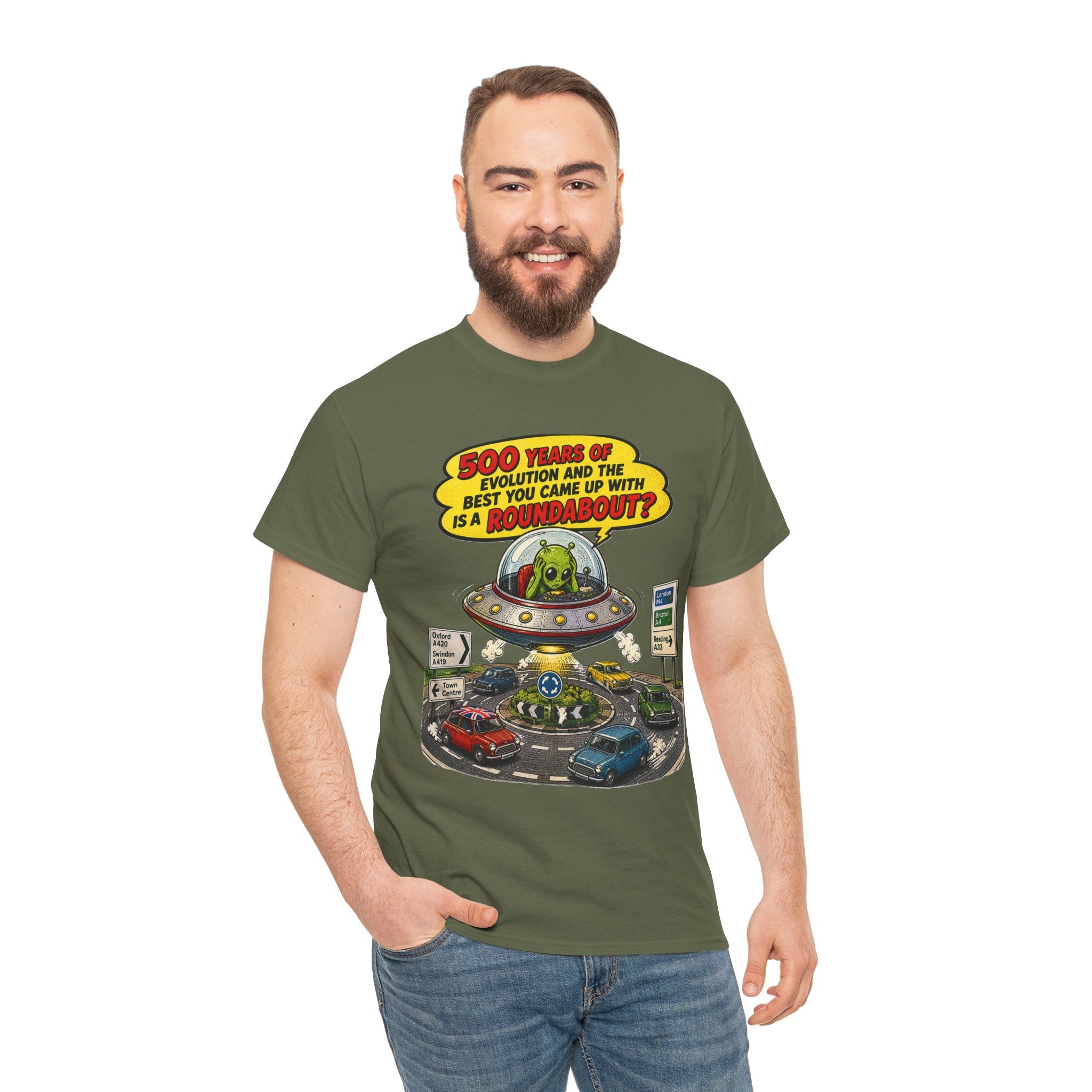Alien UFO Roundabout T-Shirt — Vintage Comic Space Humor Tee