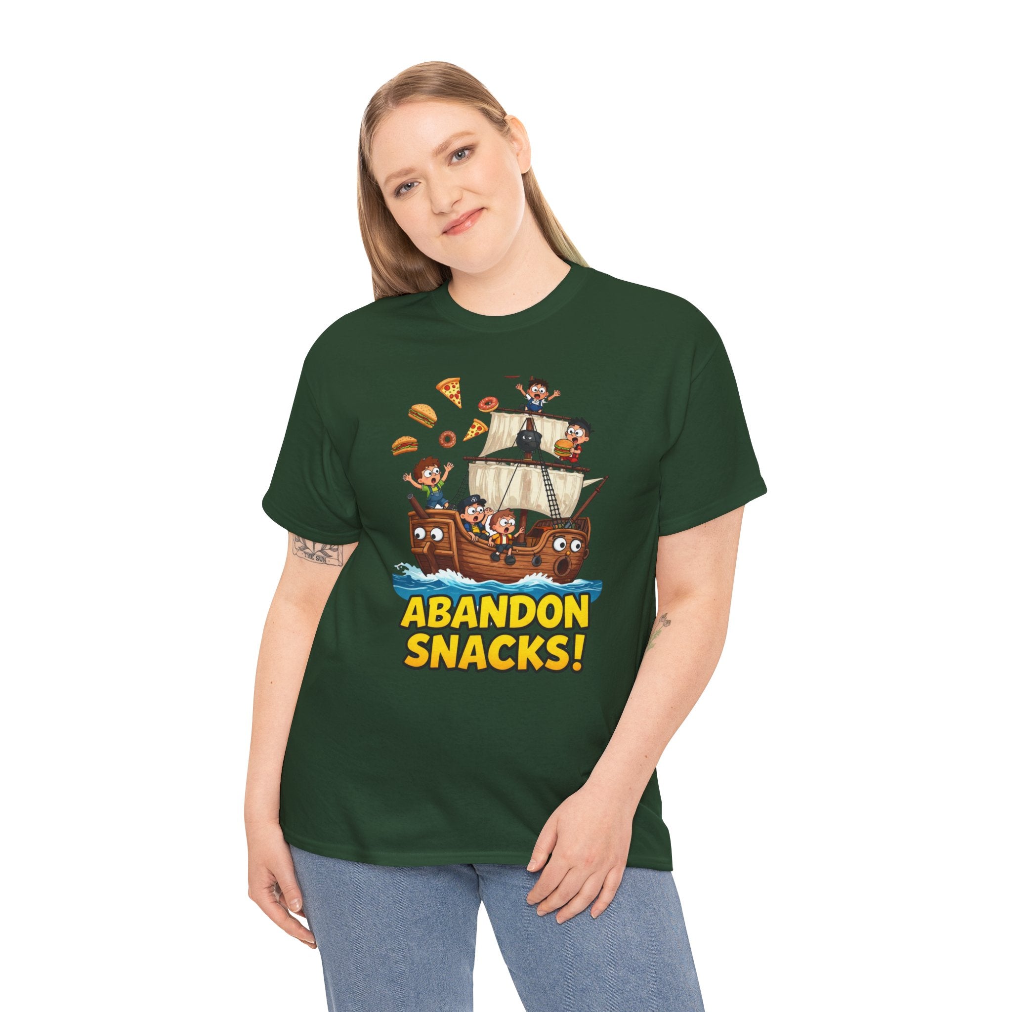 Abandon Snacks T-Shirt – Funny Pirate Ship Food Chaos Cartoon | Nautical Humour Foodie Graphic Tee