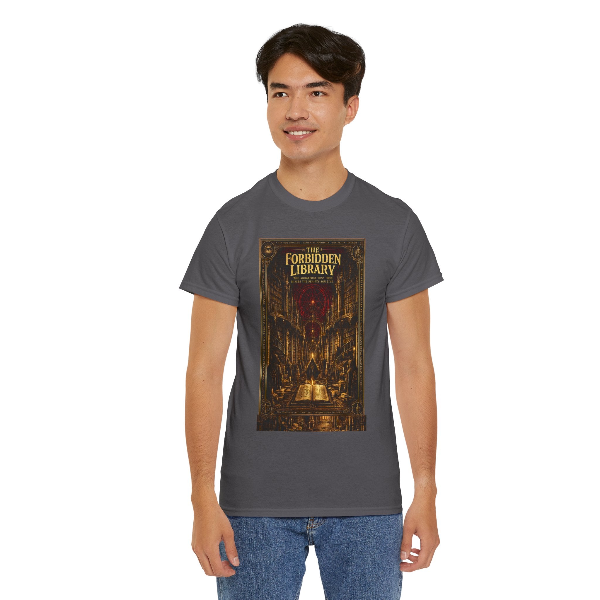 The Forbidden Library T-Shirt | Occult Grimoire Graphic Tee | Esoteric Gothic Bookshelf Shirt | Dark Academia Mystic Art