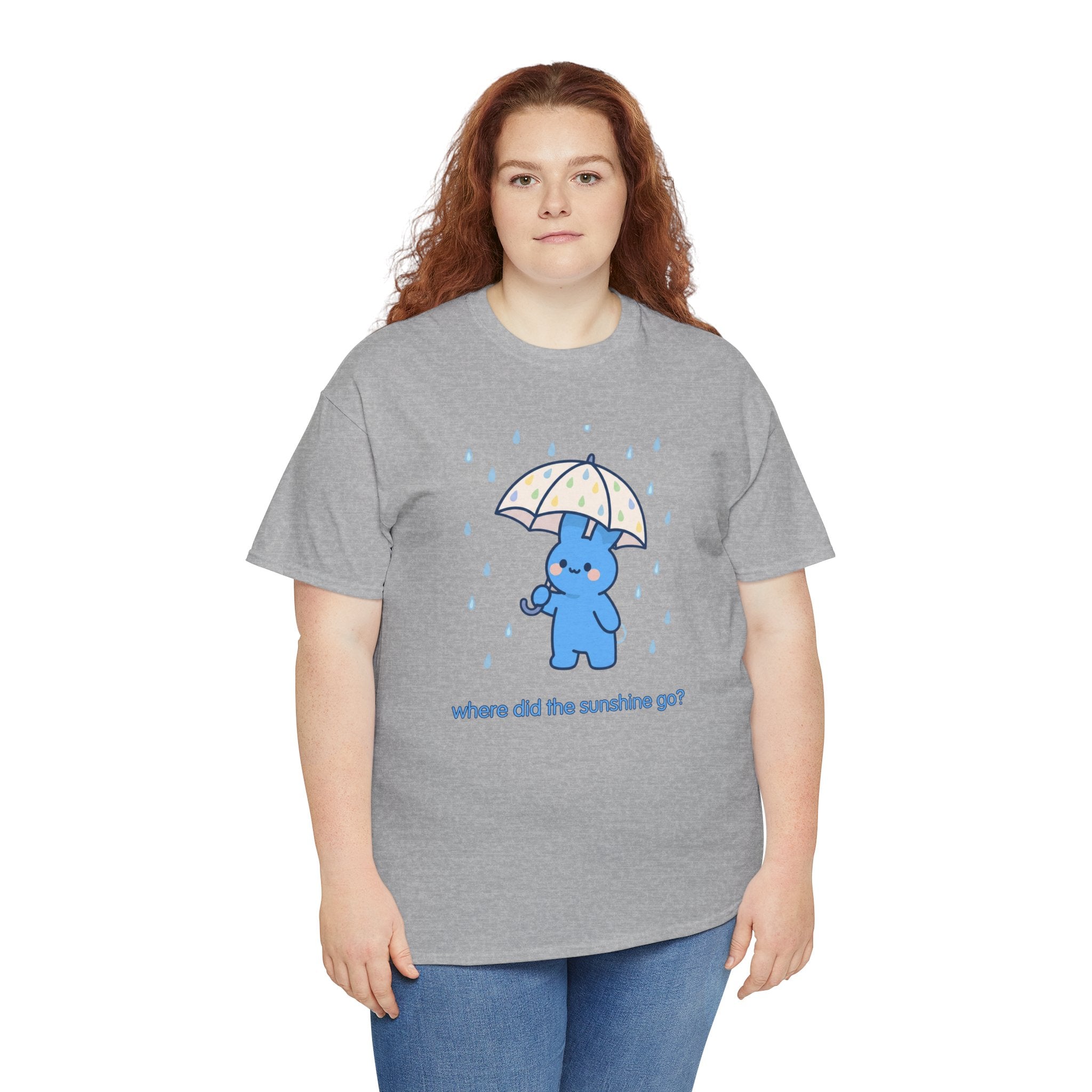Cute Blue Bunny Tee — "Where Did the Sunshine Go?" Rainy Day Graphic T-Shirt - Where did the sunshine go? 🌧️🐰 Our little blue bunny is braving the rain with the cutest polka dot umbrella
