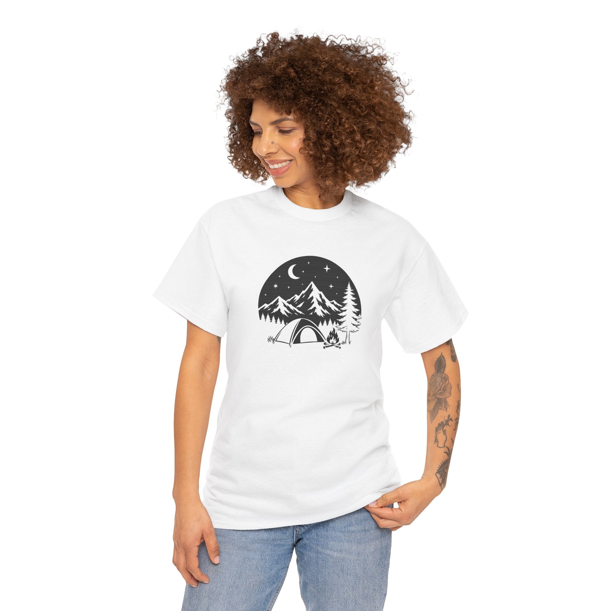 Raised By The Mountains T-Shirt — Mountain Tent Moon Graphic Tee