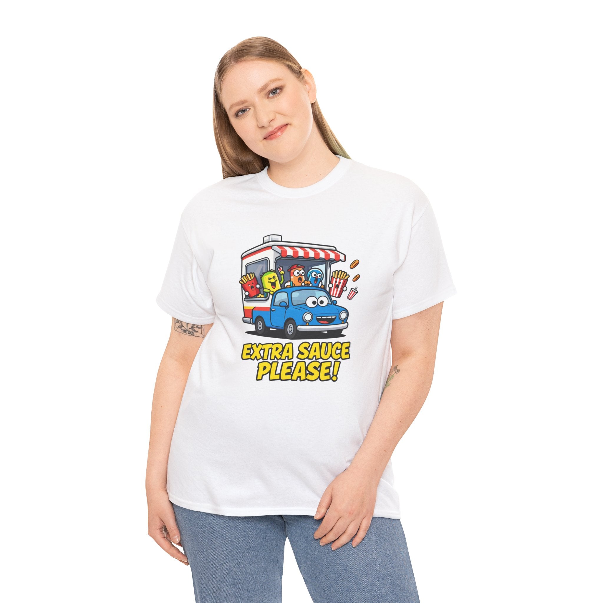 Extra Sauce Please T-Shirt – Funny Drive Thru Cartoon Car Fast Food Graphic Tee | Food Lover Motoring Humour