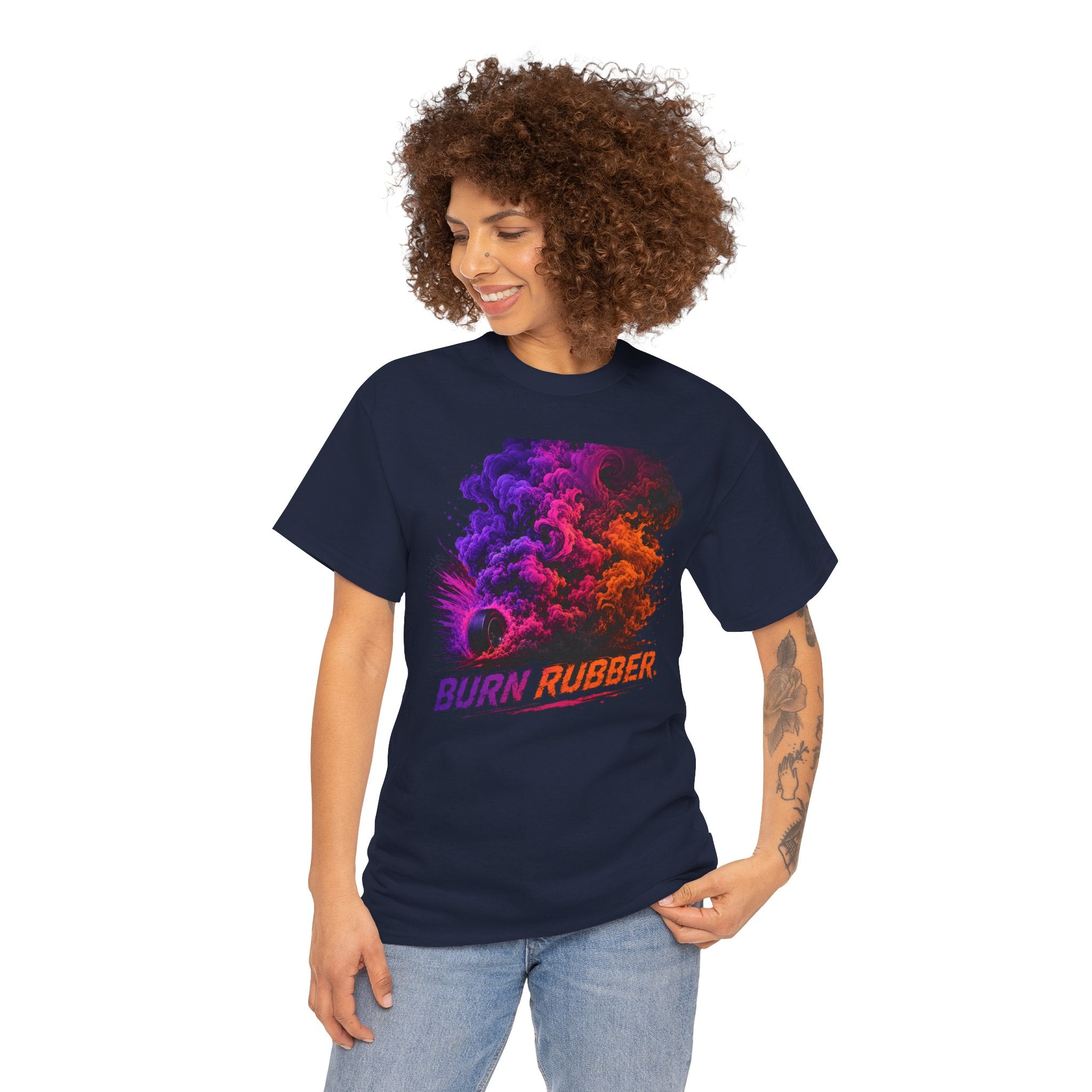 Burn Rubber T-Shirt | Tire Smoke Burnout Graphic Tee | Colorful Drift Racing Shirt | Car Culture Street Racing Art