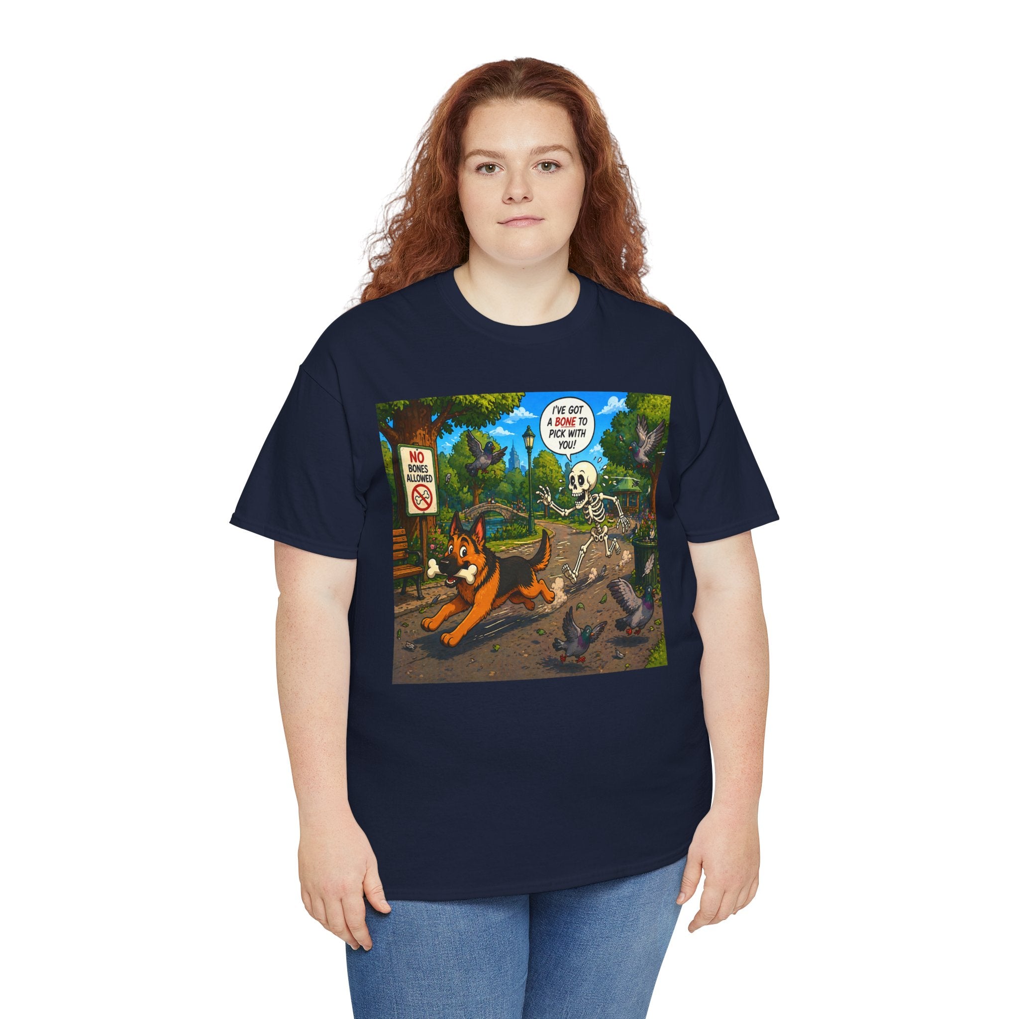 German Shepherd Running Cartoon Tee — "I’m Out Of Here" Park Scene Graphic T-Shirt
