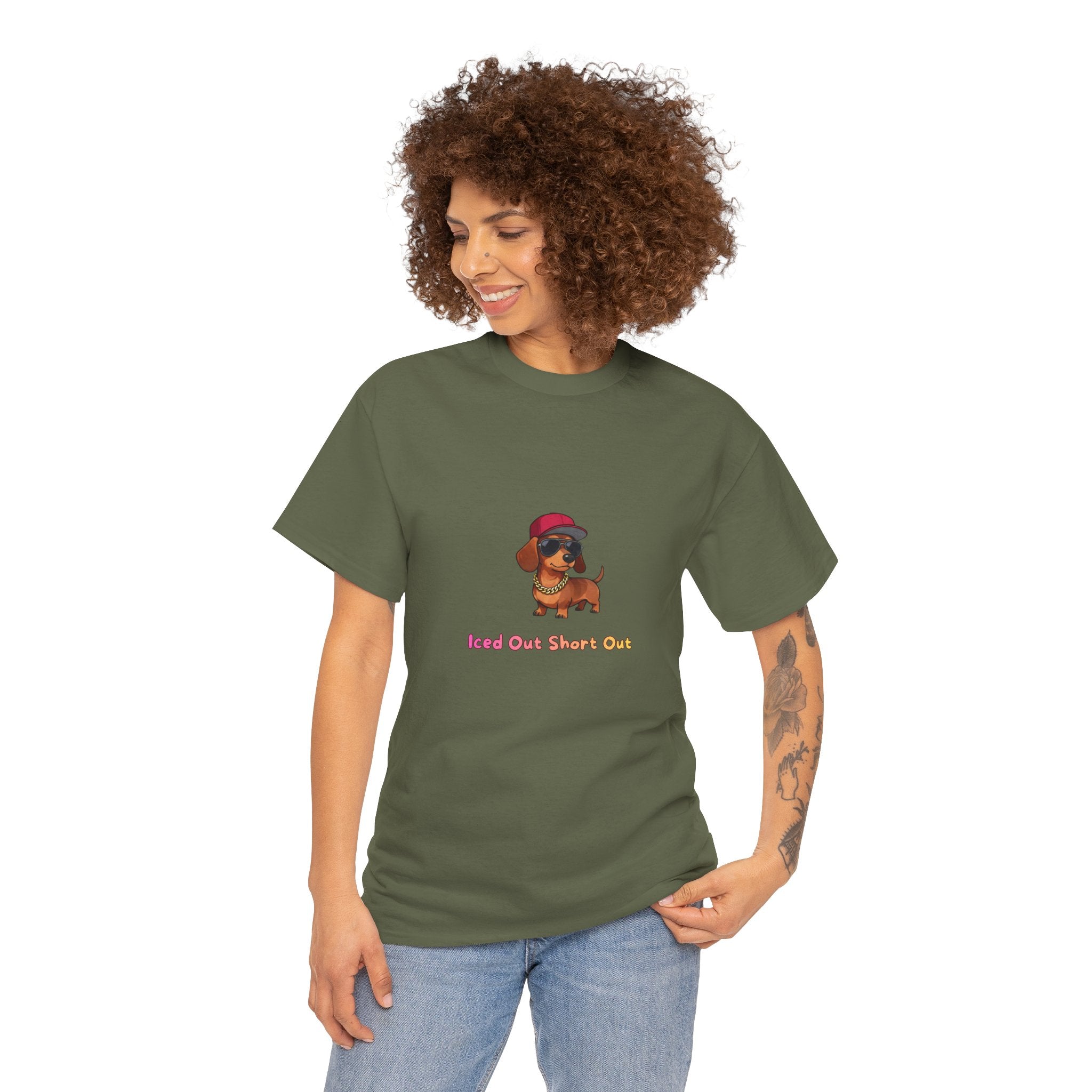 Iced Out Short Out T-Shirt – Funny Dachshund Gold Chain Bling Hip Hop | Wiener Dog Sausage Dog Graphic Tee