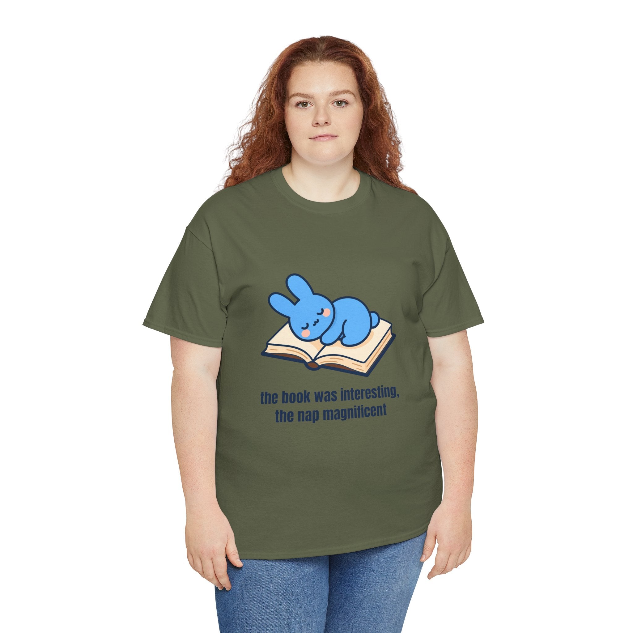 T-Shirt — "the book was interesting, the nap magnificent" Cute Blue Bunny Reading Tee-  The book was interesting… the nap was magnificent. 😴📖 Our cosy blue bunny knows that sometimes the best part of reading is the snooze that follows.