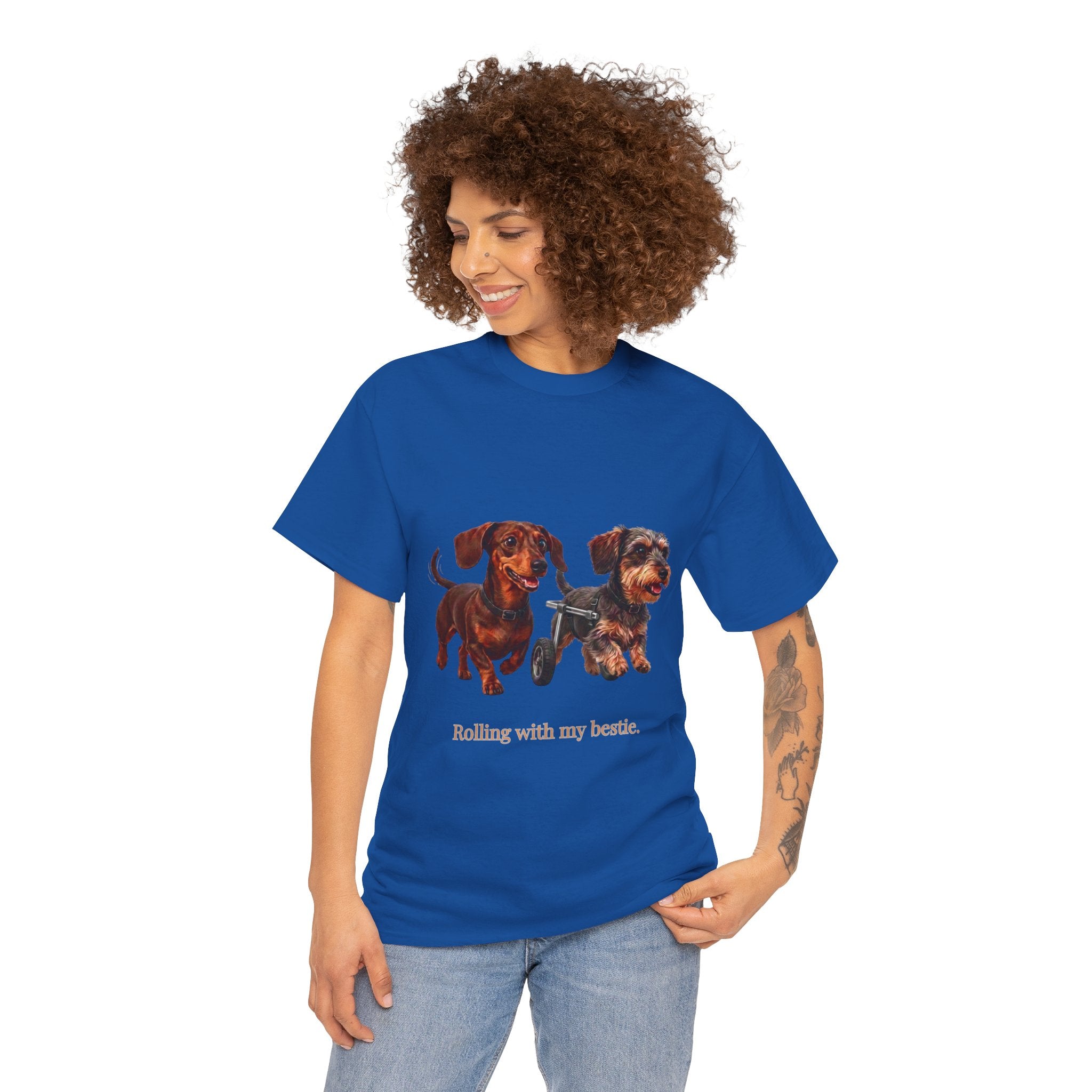 Rolling With My Bestie T-Shirt | Cute Dachshund Wheelchair Dog Tee | Funny Heartwarming Furry Friends Graphic T-Shirt