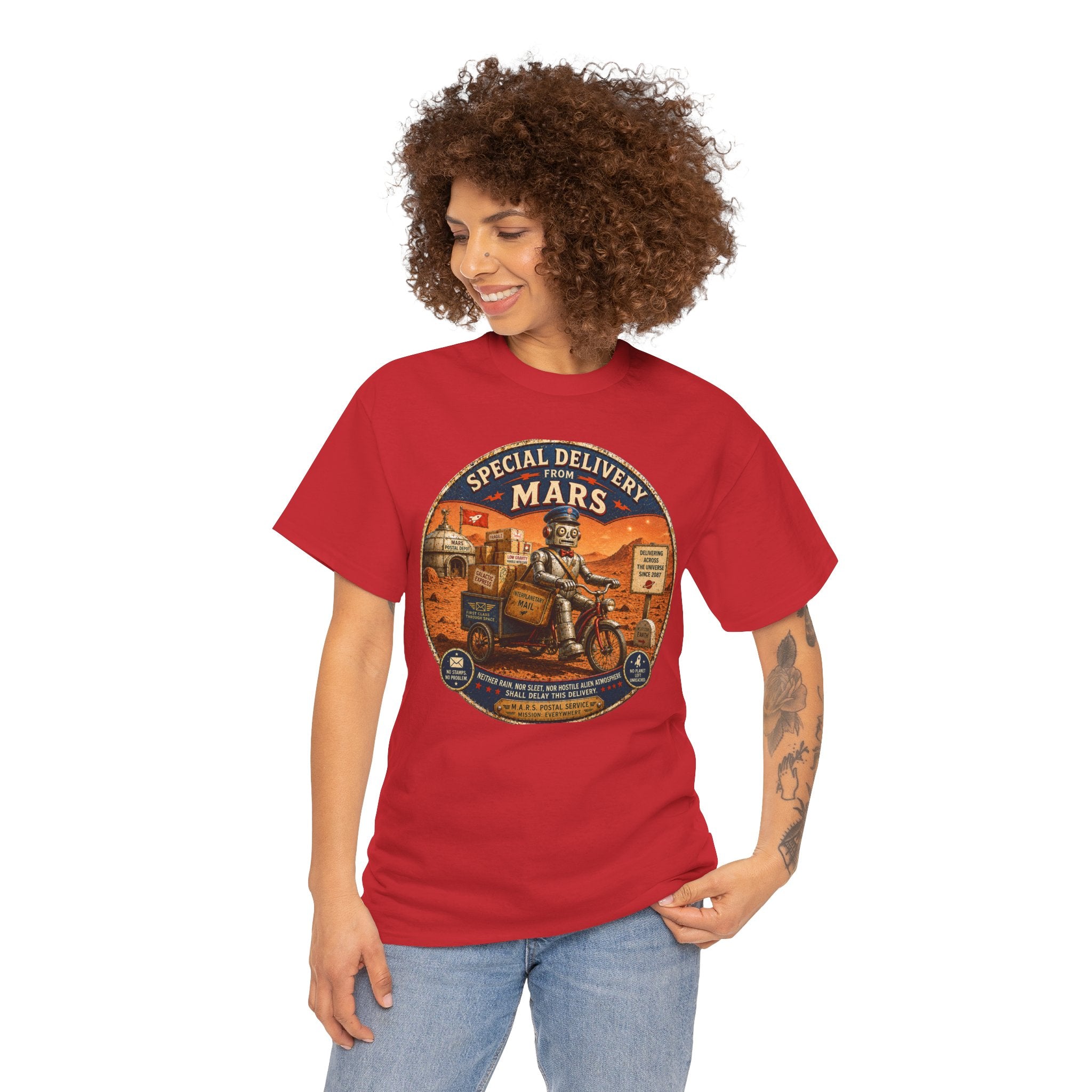 Special Delivery from Mars T-Shirt — Funny Retro Space Postal Robot Graphic Tee