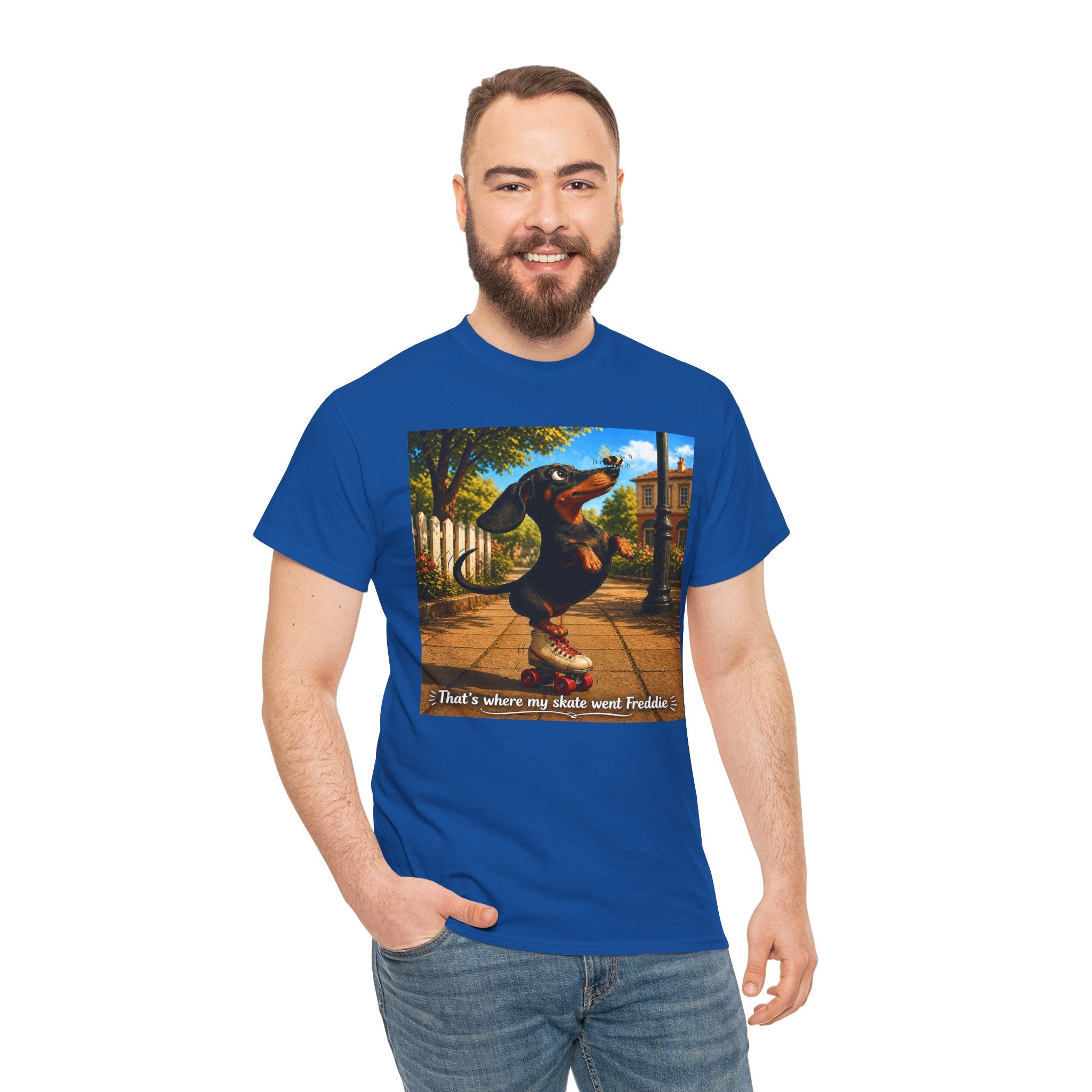 Dachshund on Skate T-Shirt — "That's Where My Skate Went Freddie" Retro Skate Tee