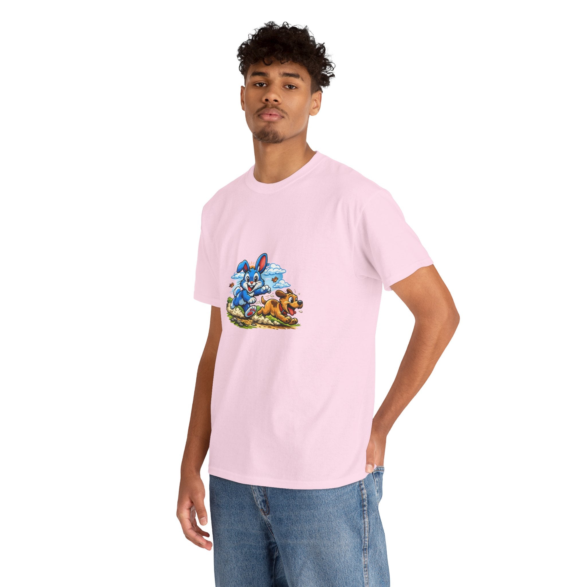 T-Shirt — Playful Blue Bunny & Dog Cartoon Graphic Tee
