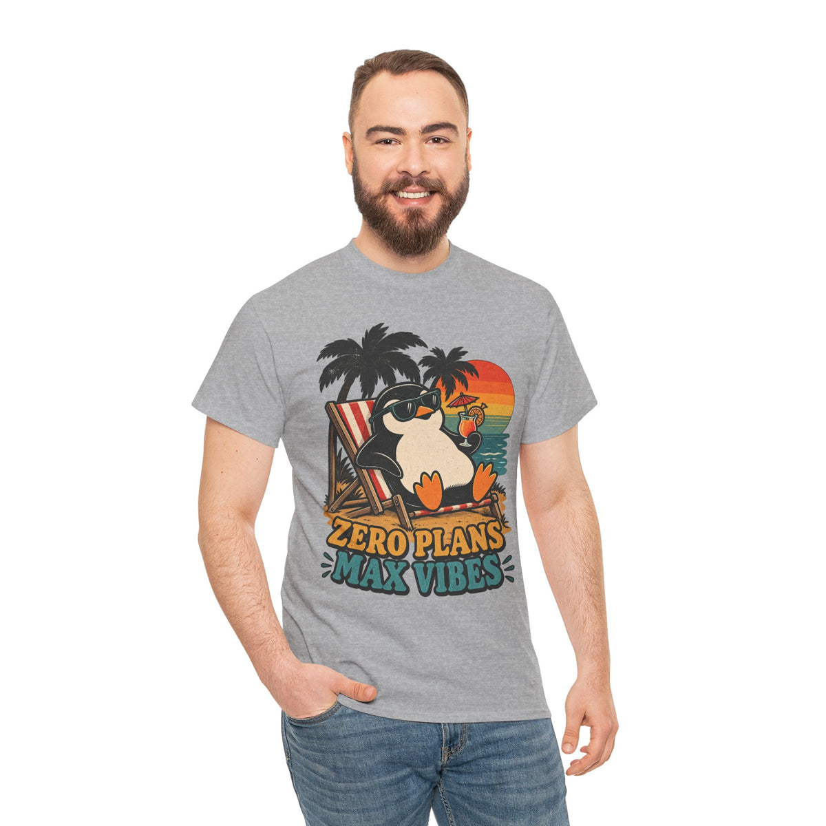 T-Shirt — "Zero Plans, Max Vibes" Penguin Beach Tee