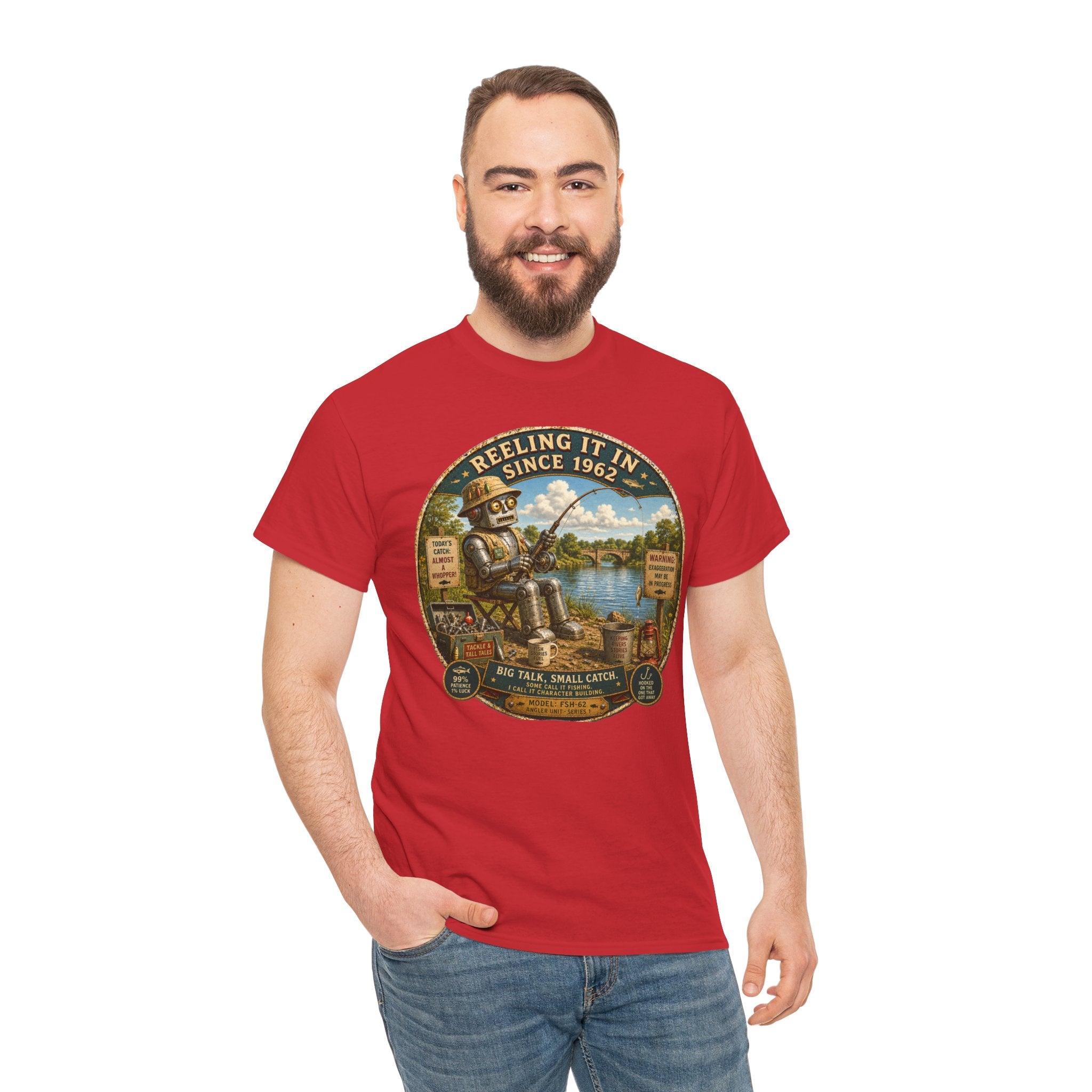 Reeling It In Since 1962 T-Shirt — Funny Robot Angler Graphic Tee