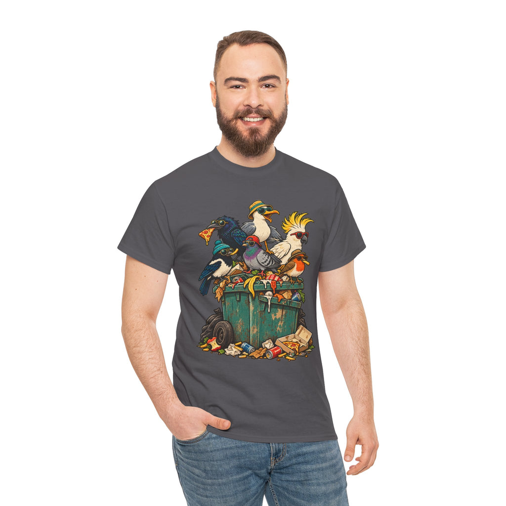 The Bin Squad Funny Birds T-Shirt – Cartoon Birds Raiding a Wheelie Bin Tee