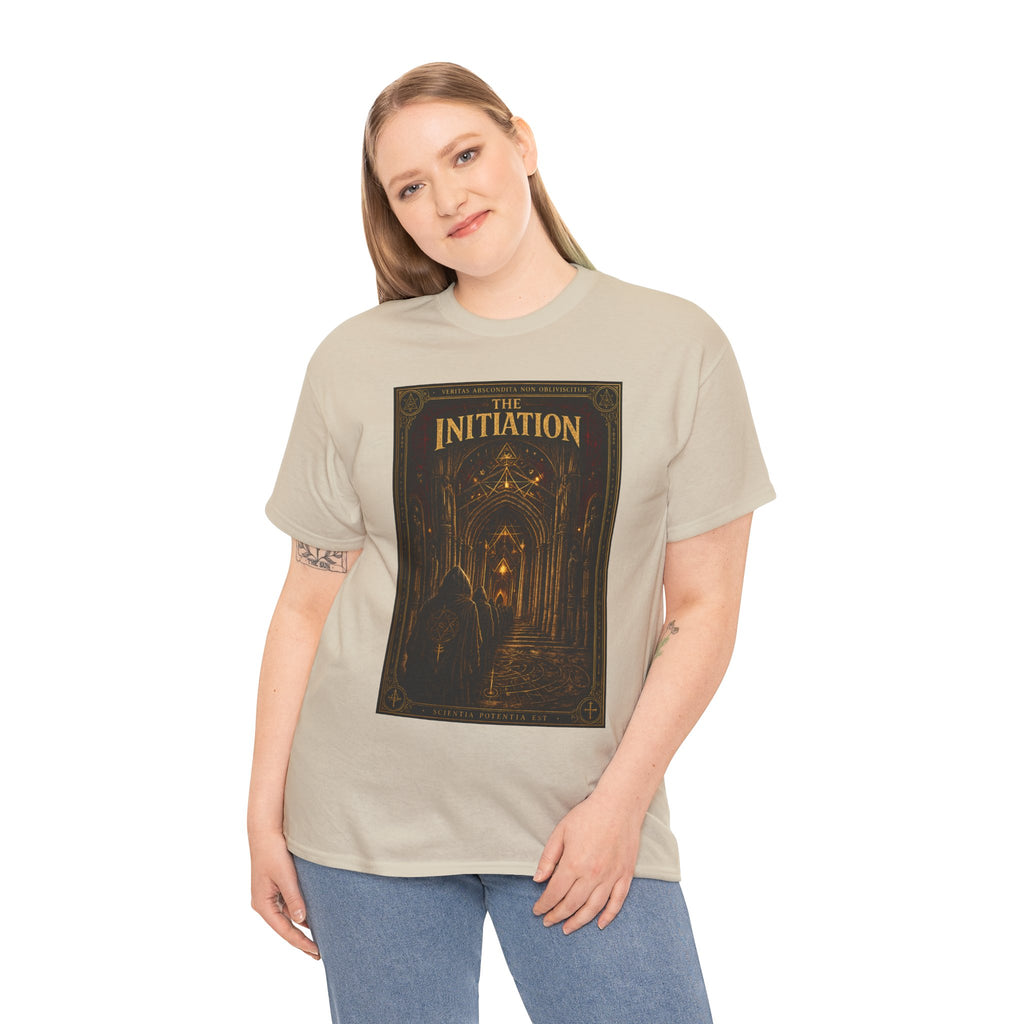 The Initiation T-Shirt | Gothic Cathedral Occult Graphic Tee | Hooded Ritual Procession Shirt | Dark Academia Mystic Art