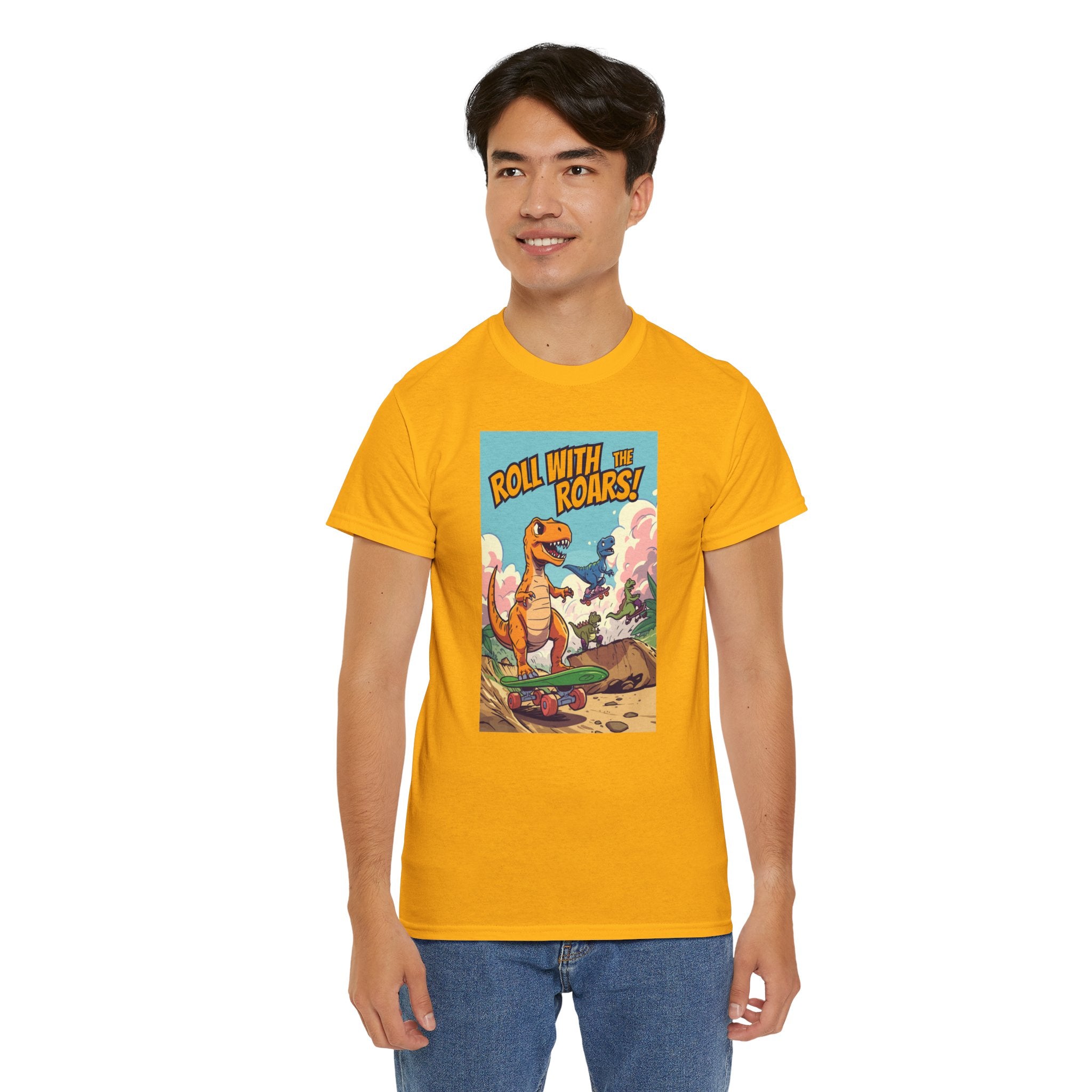 Roll With The Roars T-Shirt | Skateboarding T-Rex Pack Jungle Design | Funny Dinosaur Graphic Tee | Cartoon Fun Collection