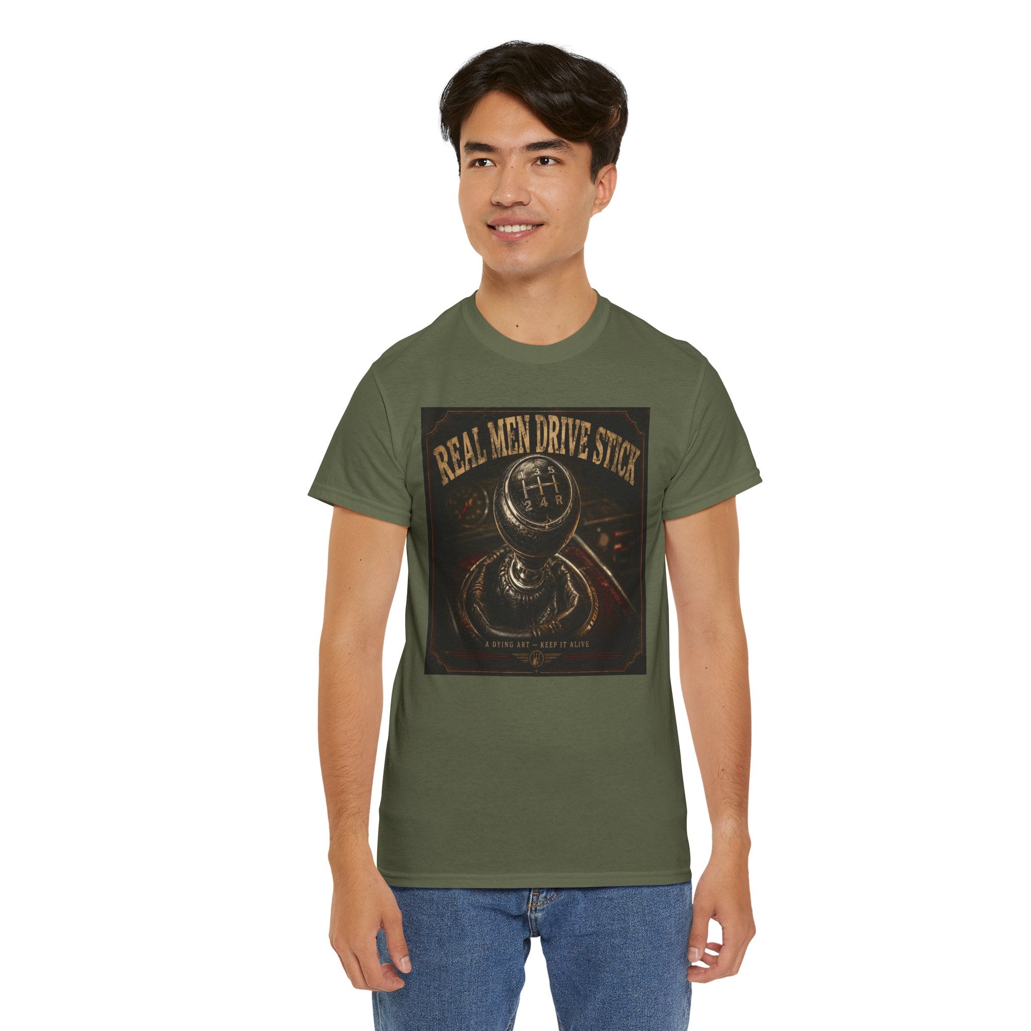 Real Men Drive Stick T-Shirt | Manual Transmission Graphic Tee | Stick Shift Car Lover Shirt | Vintage Gearhead Humour Art