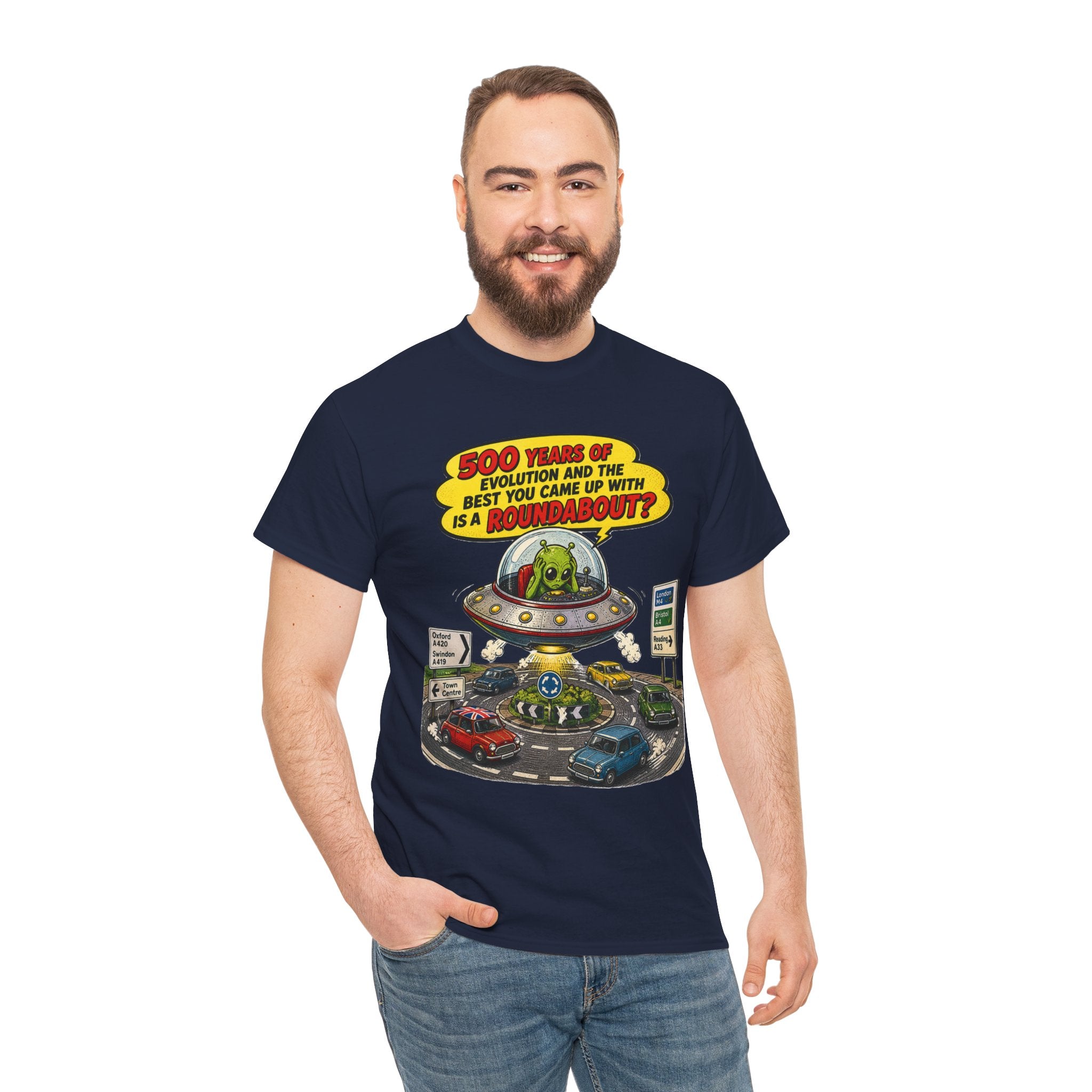 Alien UFO Roundabout T-Shirt — Vintage Comic Space Humor Tee