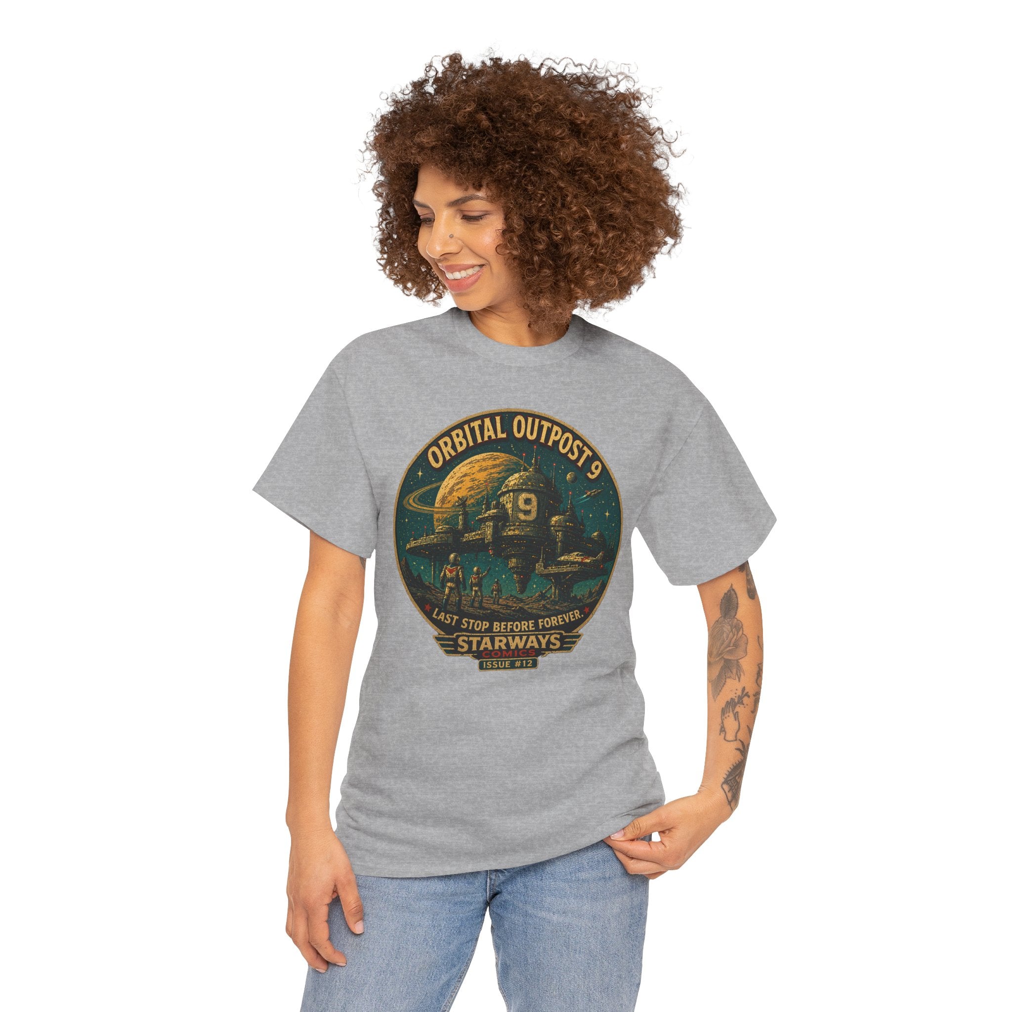 Orbital Outpost 9 T-Shirt | Retro Sci-Fi Space Station Graphic Tee | Vintage Astronaut Comic Shirt | Starways Comics Issue 12