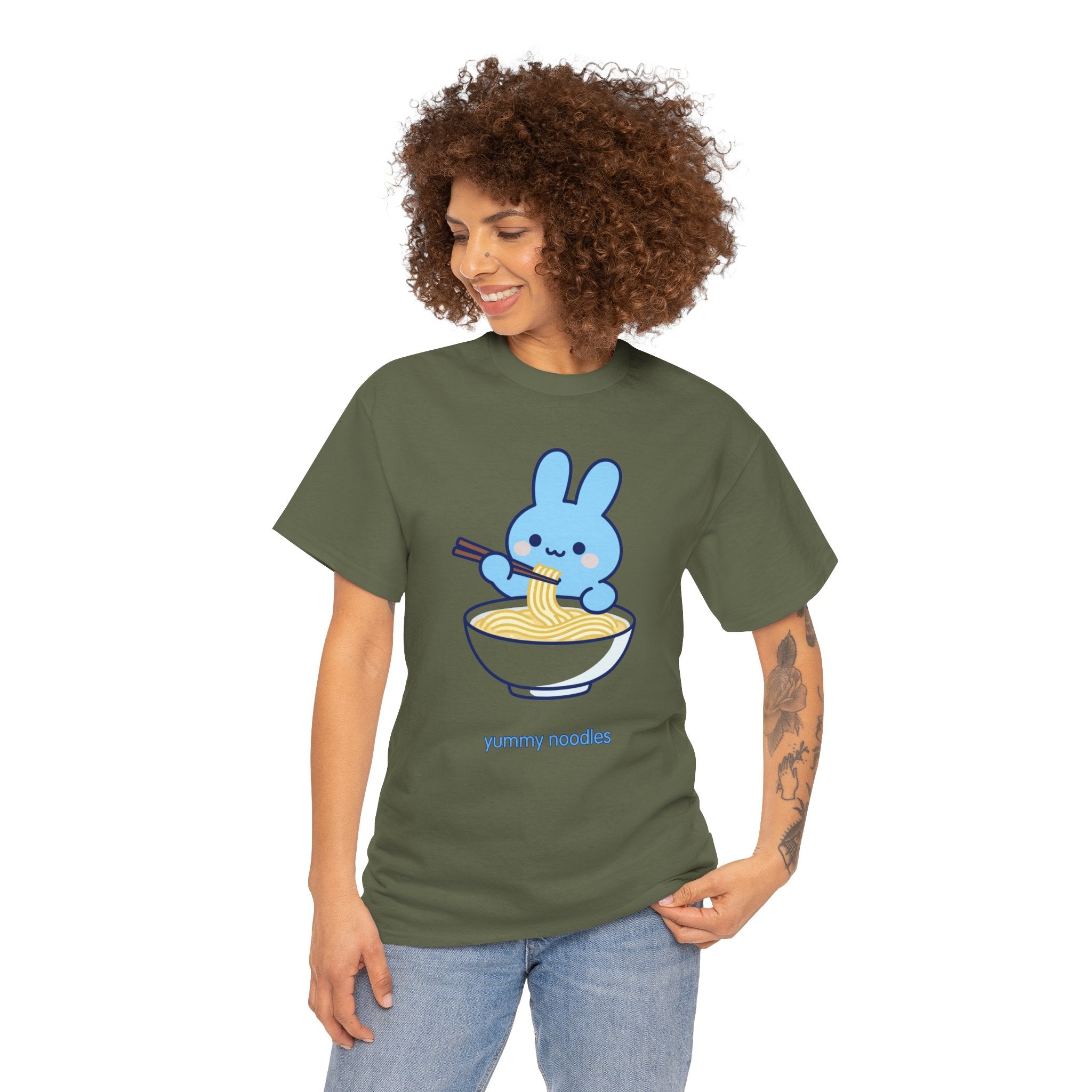 Yummy Noodles Blue Bunny T-Shirt | Cute Kawaii Rabbit Ramen Tee | Kids & Family Graphic T-Shirt