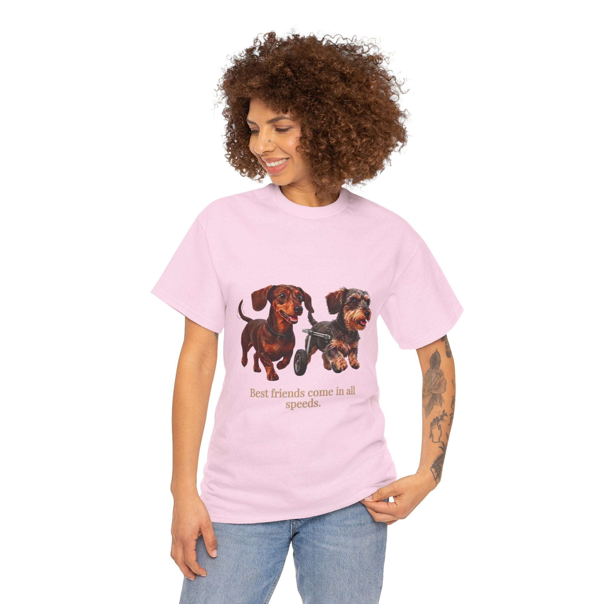 Dachshund Friends T-Shirt — Best Friends Roll Together | Cute Dachshund Mobility Dog Tee | Heartwarming Furry Friends Graphic T-Shirt