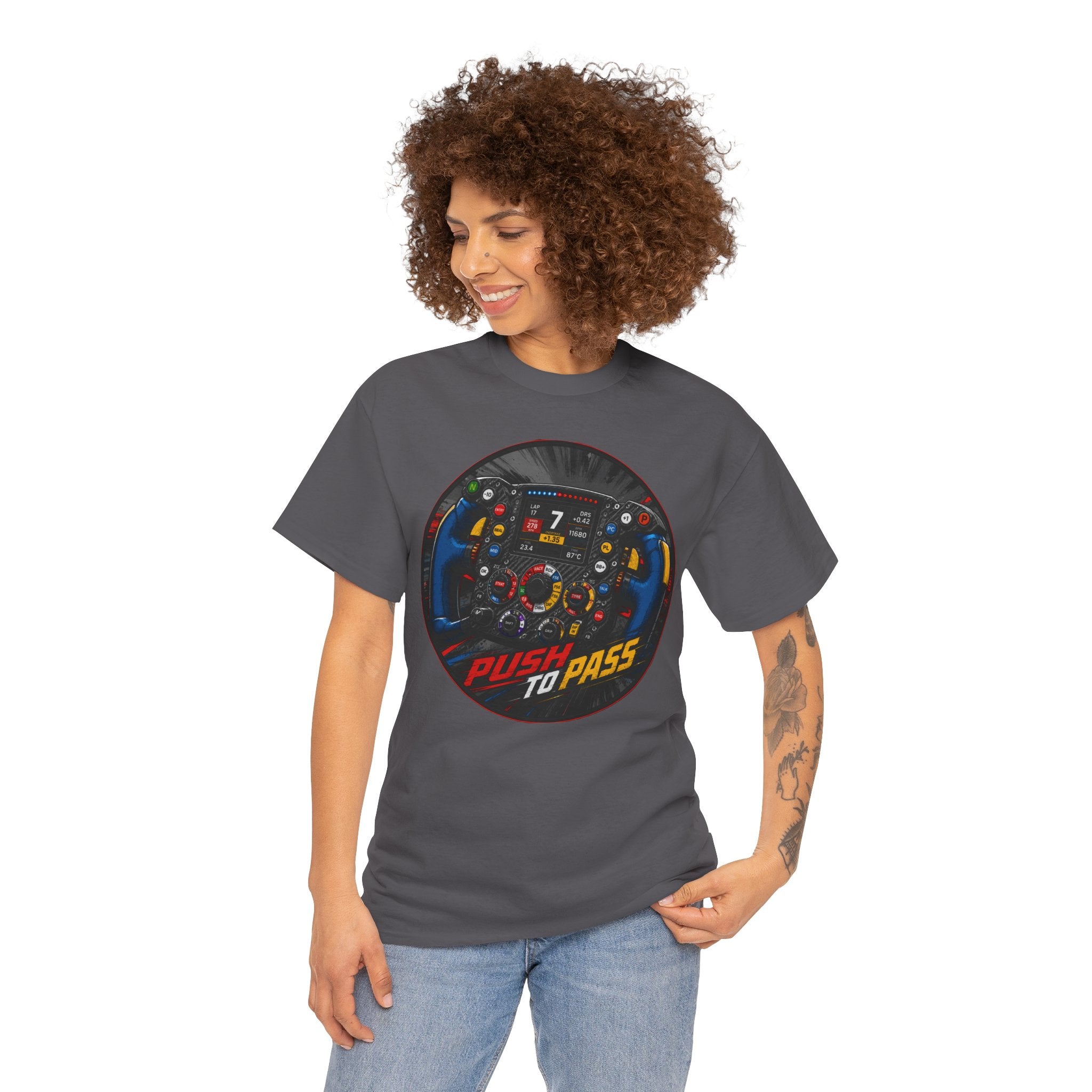 Push to Pass T-Shirt | F1 Steering Wheel Graphic Tee | Formula 1 Racing Cockpit Shirt | Motorsport Technical Diagram Art