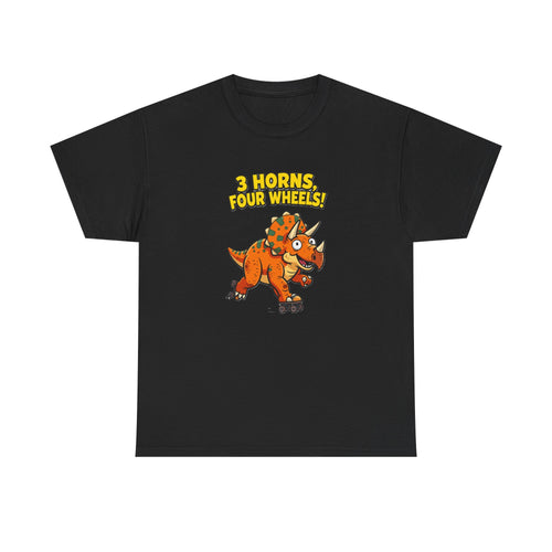 3 Horns Four Wheels T-Shirt – Funny Triceratops Roller Skate Cartoon Dinosaur | Dino Skater Graphic Tee