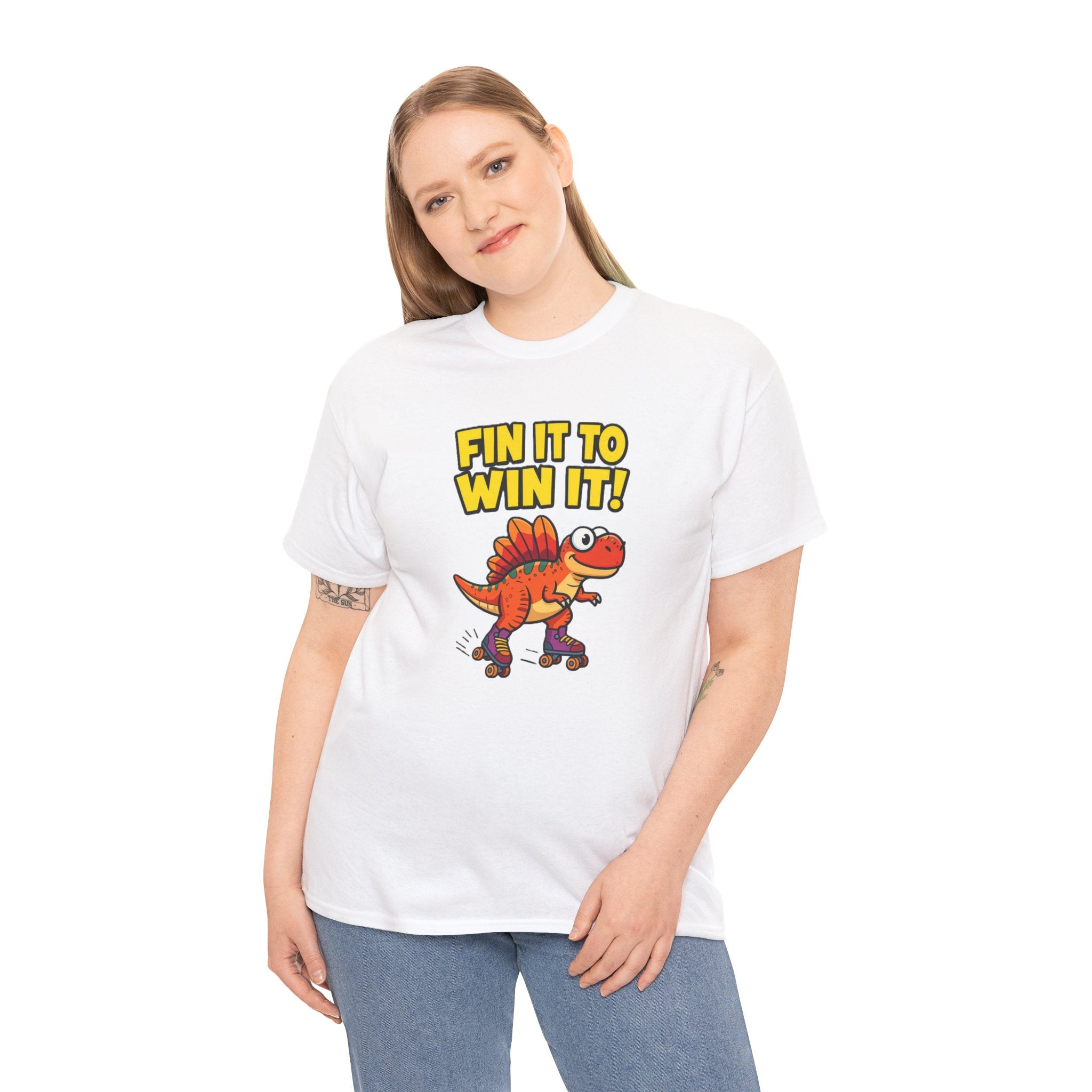 Fin It to Win It T-Shirt – Funny Spinosaurus Roller Skate Cartoon Dinosaur | Dino Skater Pun Graphic Tee