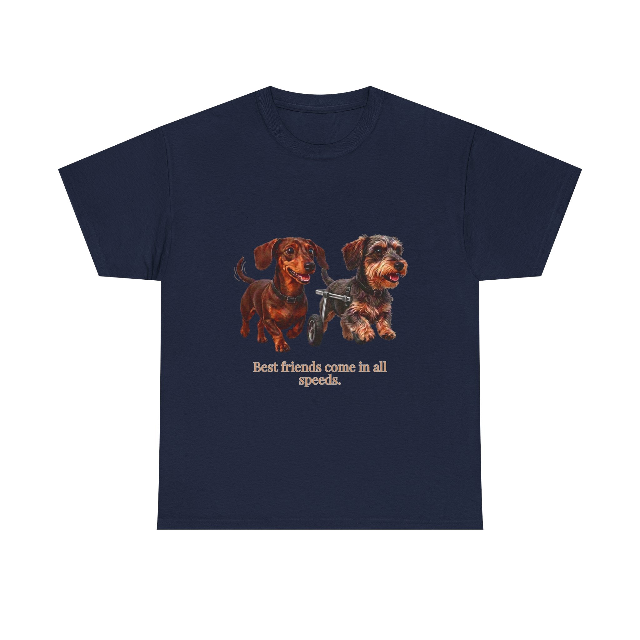 Dachshund Friends T-Shirt — Best Friends Roll Together | Cute Dachshund Mobility Dog Tee | Heartwarming Furry Friends Graphic T-Shirt