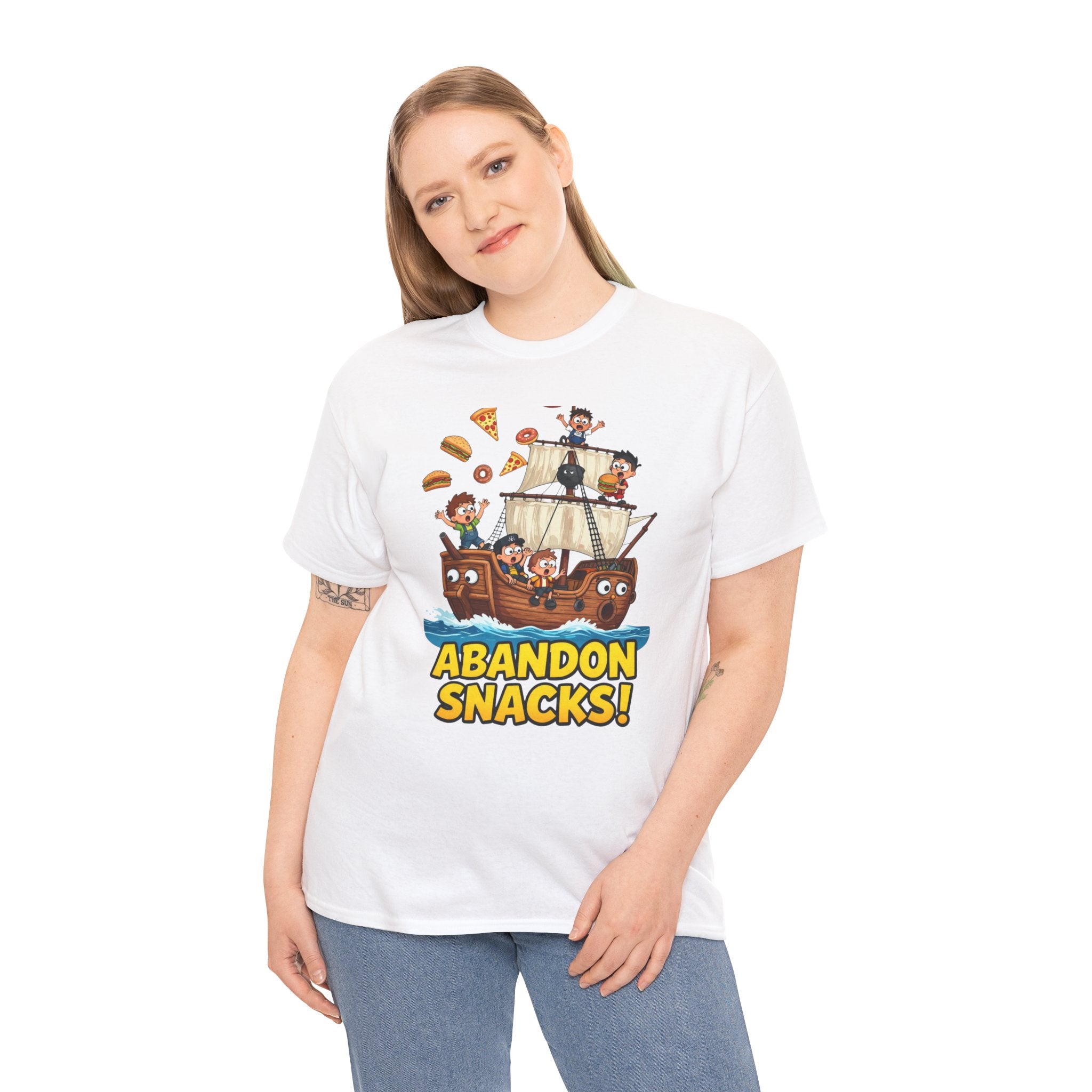 Abandon Snacks T-Shirt – Funny Pirate Ship Food Chaos Cartoon | Nautical Humour Foodie Graphic Tee