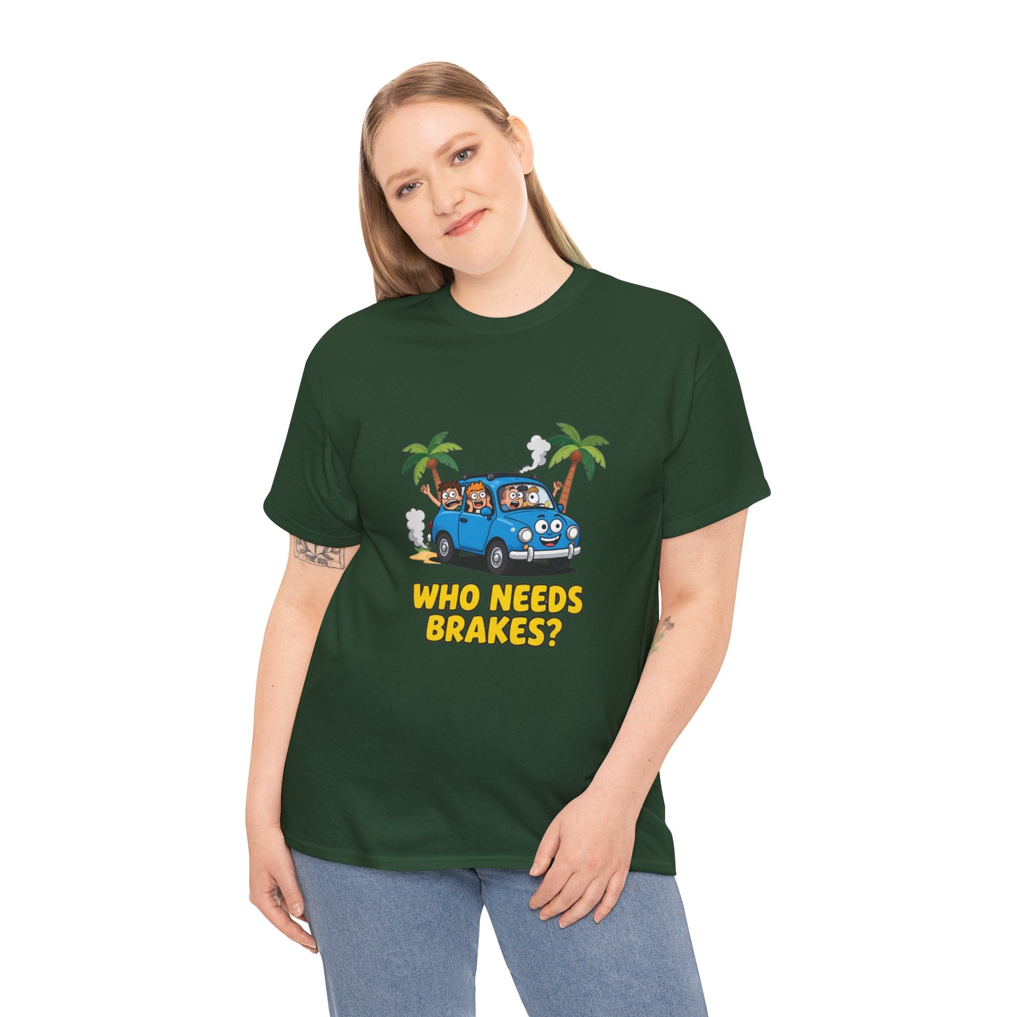 Who Needs Brakes T-Shirt – Funny Cartoon Car Holiday Road Trip | Terrified Passengers Driving Humour Graphic Tee