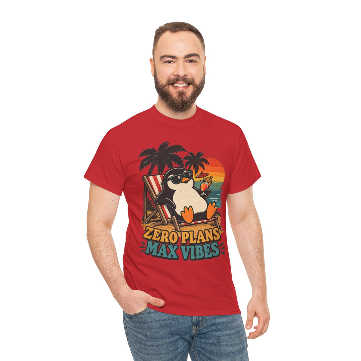 T-Shirt — "Zero Plans, Max Vibes" Penguin Beach Tee