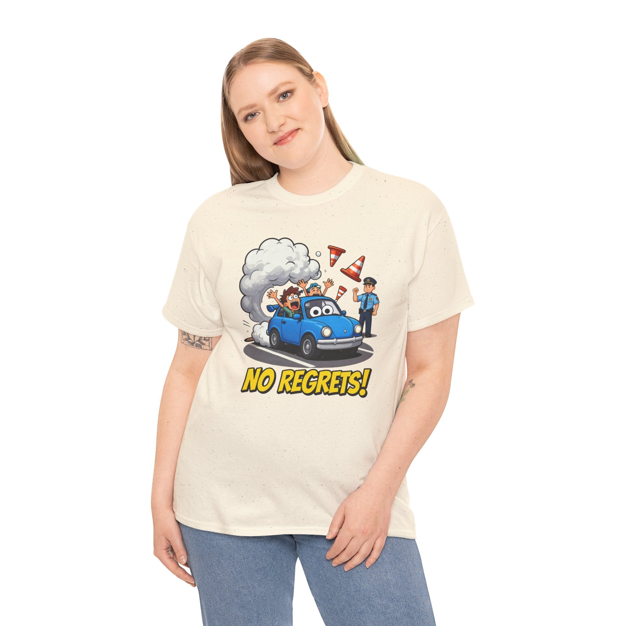 No Regrets T-Shirt – Funny Cartoon Car Police Chase Road Cone Chaos | Bad Driver Motoring Humour Graphic Tee