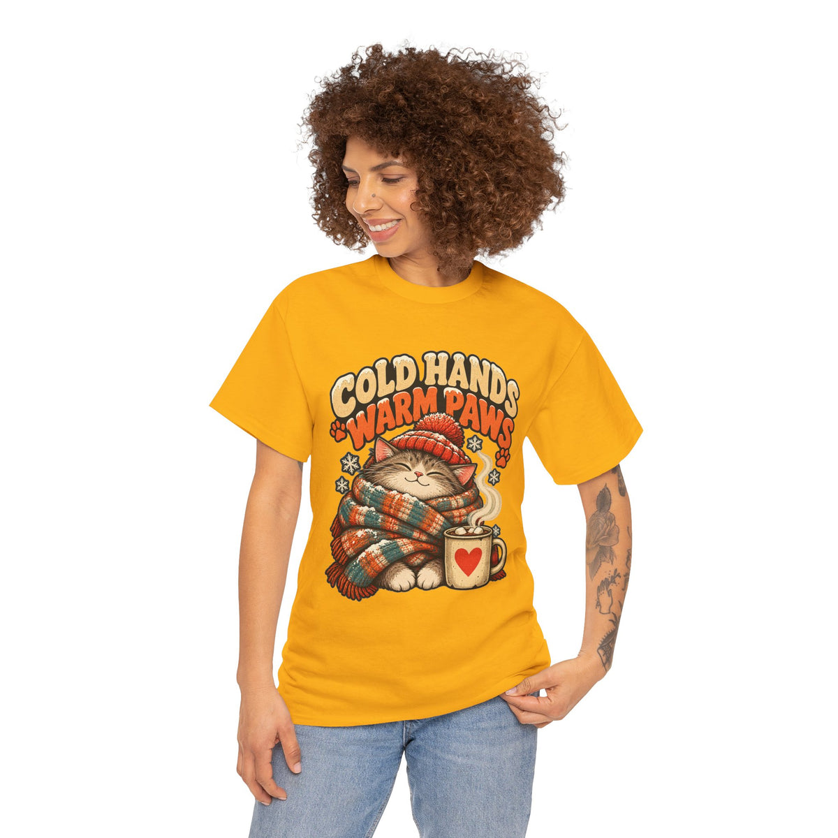 Cold Hands Warm Paws Cat T-Shirt – Cozy Winter Cat Tee with Scarf & Hot Cocoa