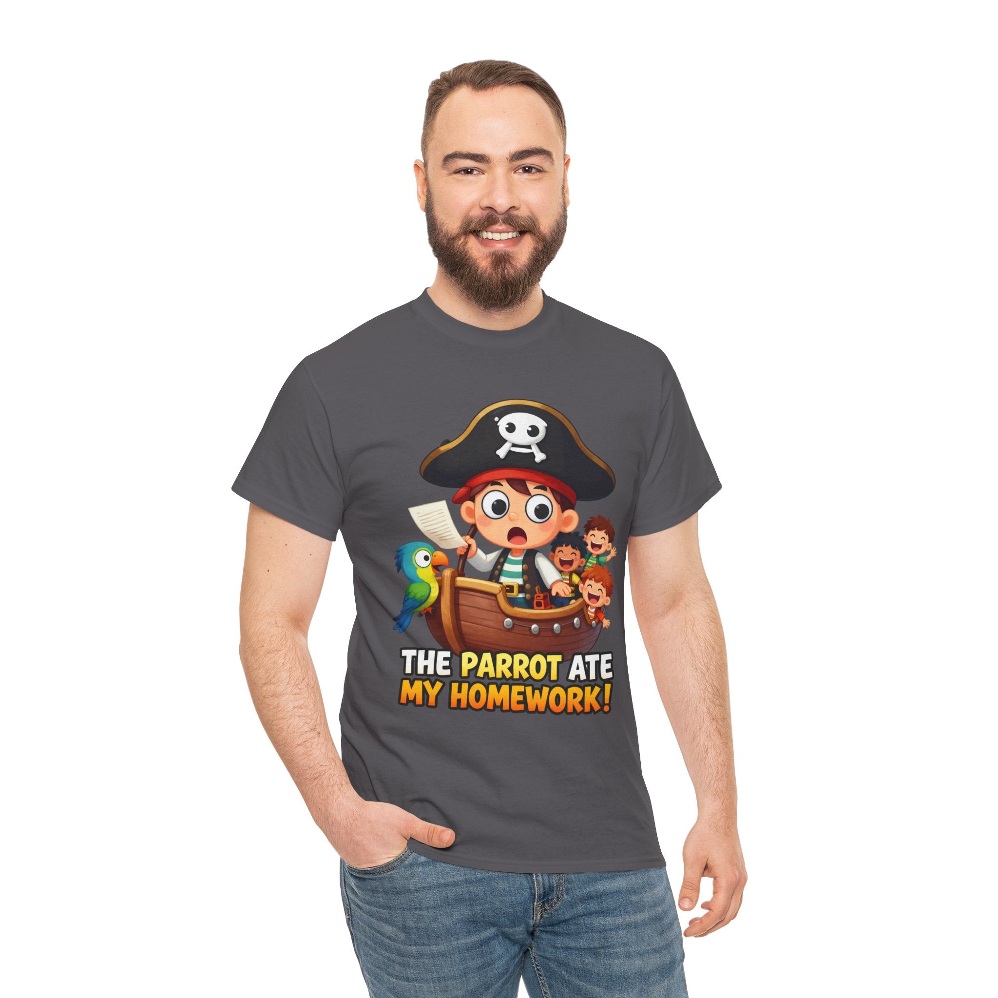 The Parrot Ate My Homework T-Shirt – Funny Pirate School Excuse Cartoon | Kids Pirate Humour Graphic Tee