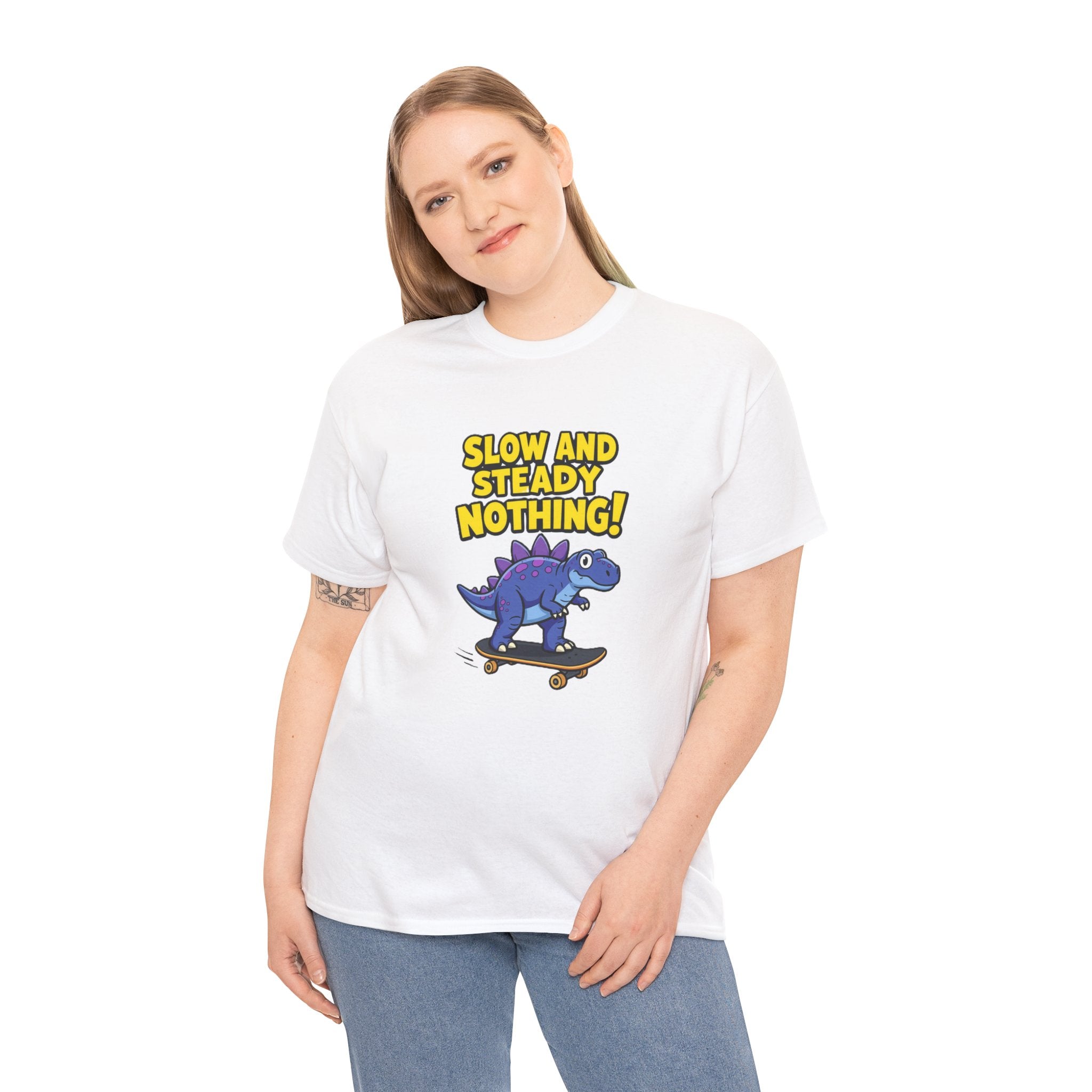Slow and Steady Nothing T-Shirt – Funny Purple Stegosaurus Skateboard Cartoon | Dino Skater Saying Graphic Tee