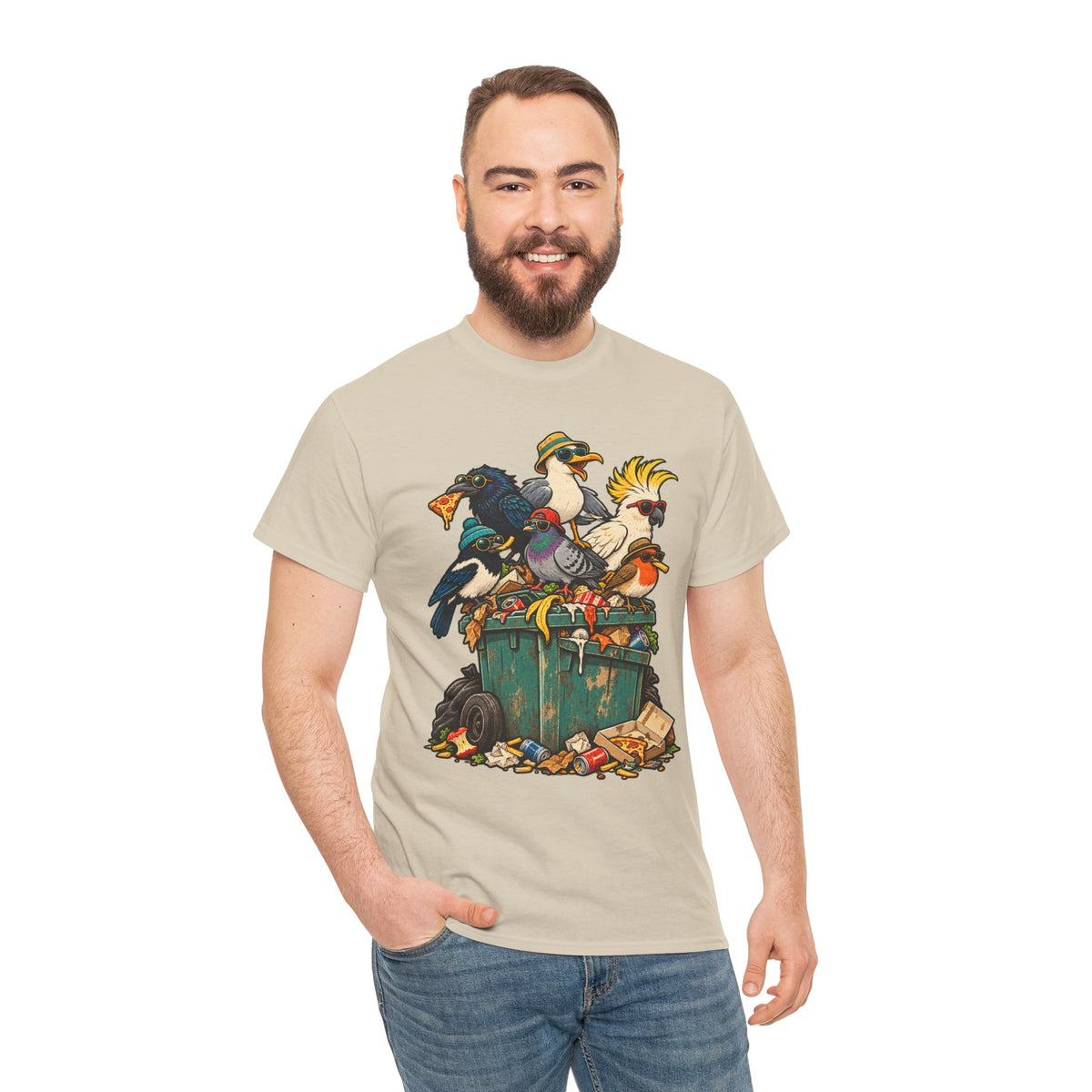 The Bin Squad Funny Birds T-Shirt – Cartoon Birds Raiding a Wheelie Bin Tee