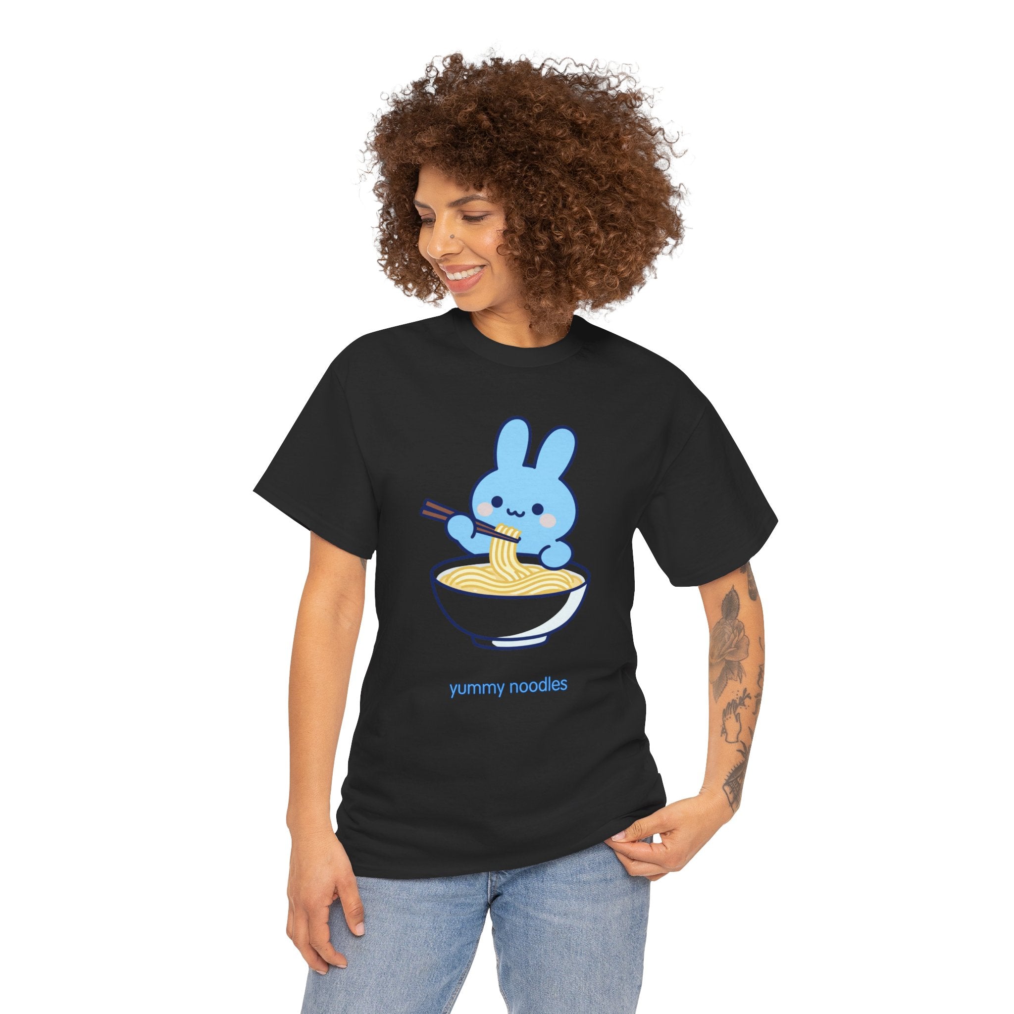 Yummy Noodles Blue Bunny T-Shirt | Cute Kawaii Rabbit Ramen Tee | Kids & Family Graphic T-Shirt