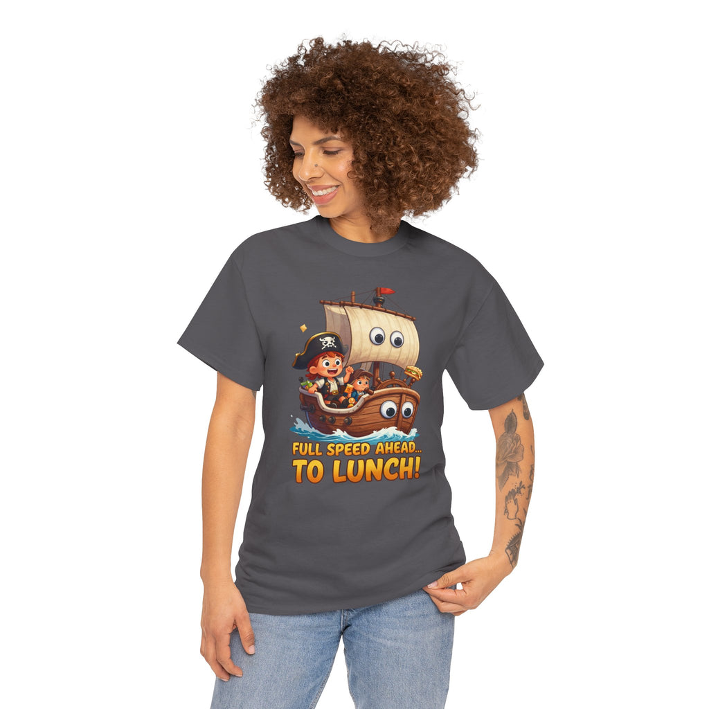 Full Speed Ahead To Lunch T-Shirt – Funny Pirate Ship Food Cartoon | Nautical Foodie Humour Graphic Tee