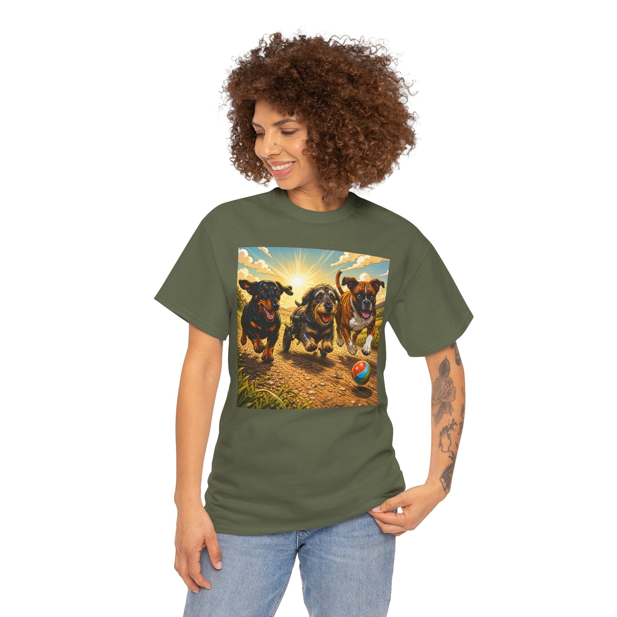 Three Dogs No Limits T-Shirt | Wheelchair Dachshund Boxer Friendship Tee | Inclusive Pet Lover Graphic Shirt |Dog Awareness Gift