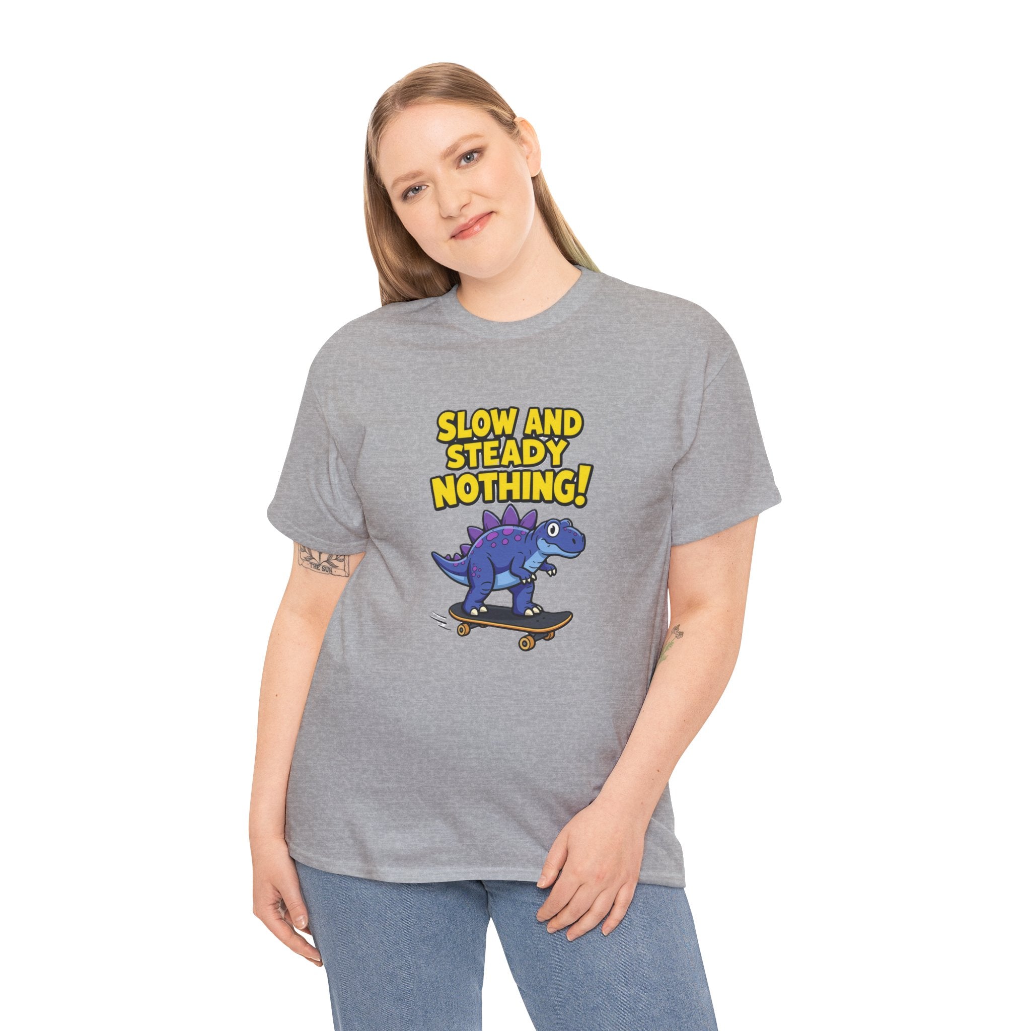 Slow and Steady Nothing T-Shirt – Funny Purple Stegosaurus Skateboard Cartoon | Dino Skater Saying Graphic Tee