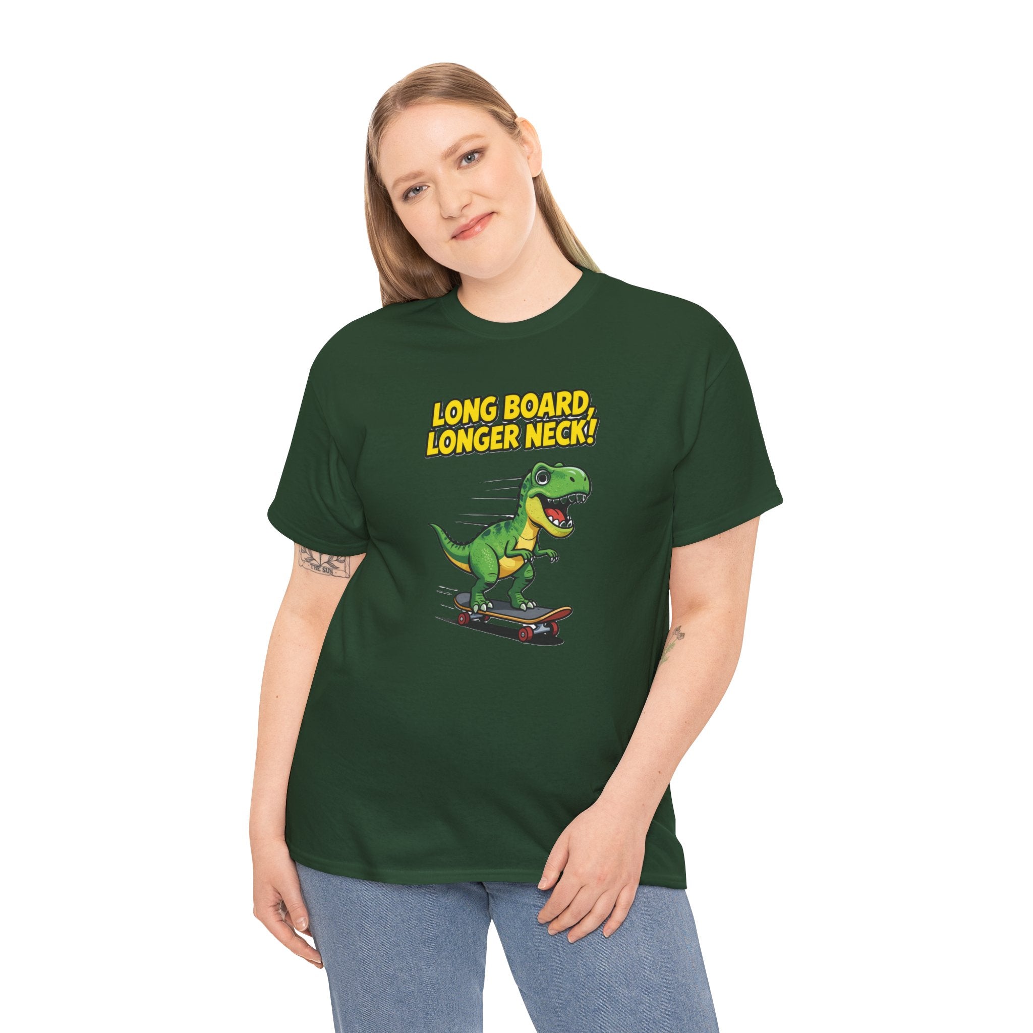 Long Board Longer Neck T-Shirt – Funny Green Dinosaur Longboard Skateboard Cartoon | Dino Skater Graphic Tee