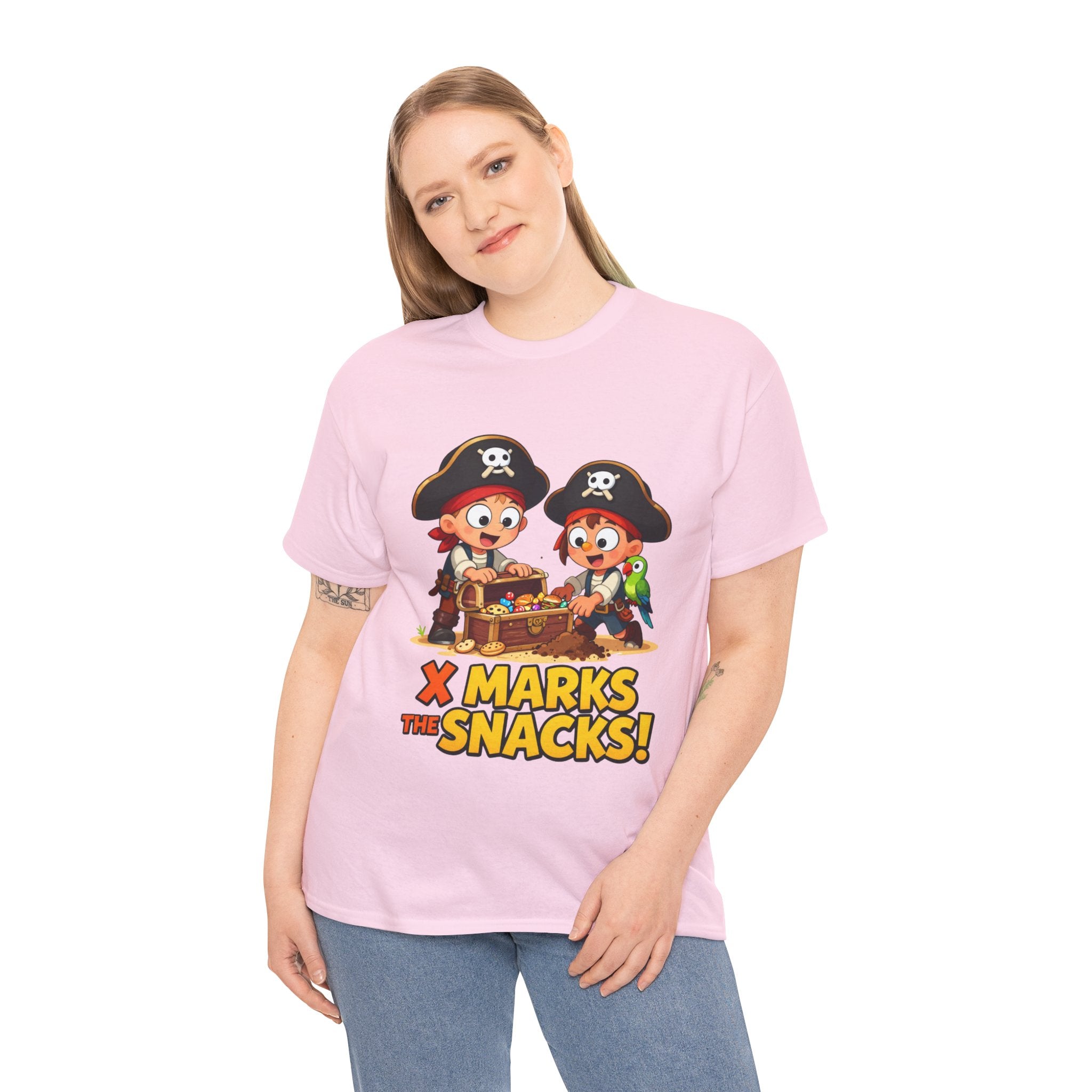 X Marks the Snacks T-Shirt – Funny Pirate Treasure Chest Food Cartoon | Pirate Parrot Foodie Humour Graphic Tee