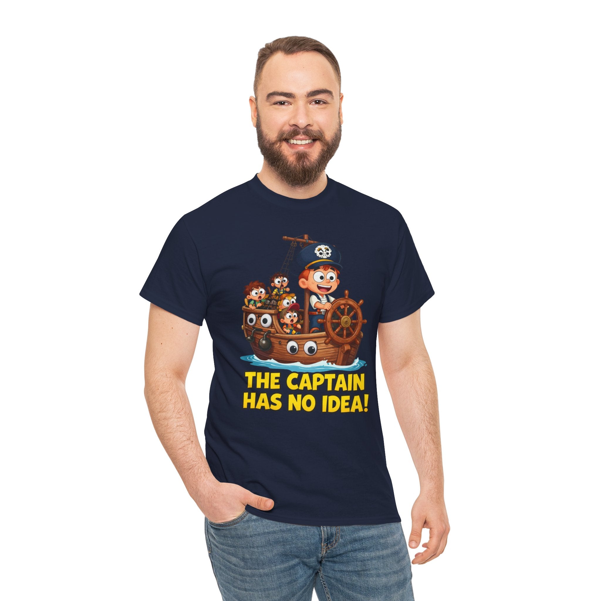 The Captain Has No Idea T-Shirt – Funny Cartoon Pirate Ship Clueless Captain | Nautical Humour Graphic Tee