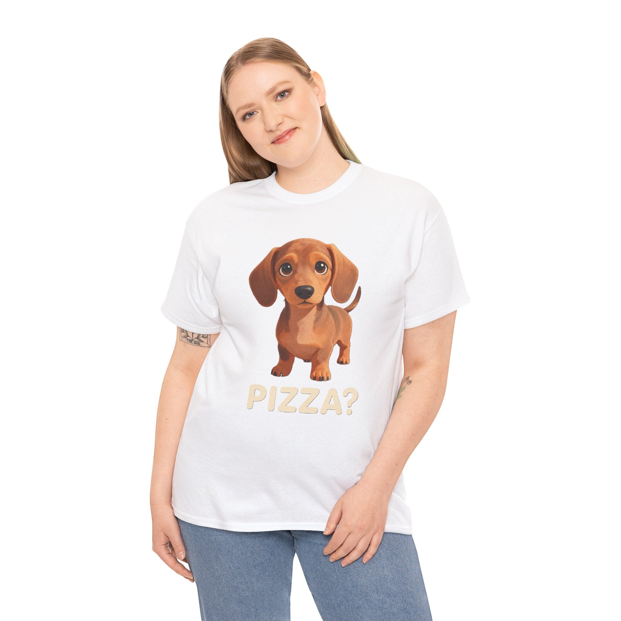 T-Shirt — Cute Dachshund Puppy Design with "PIZZA?" Text