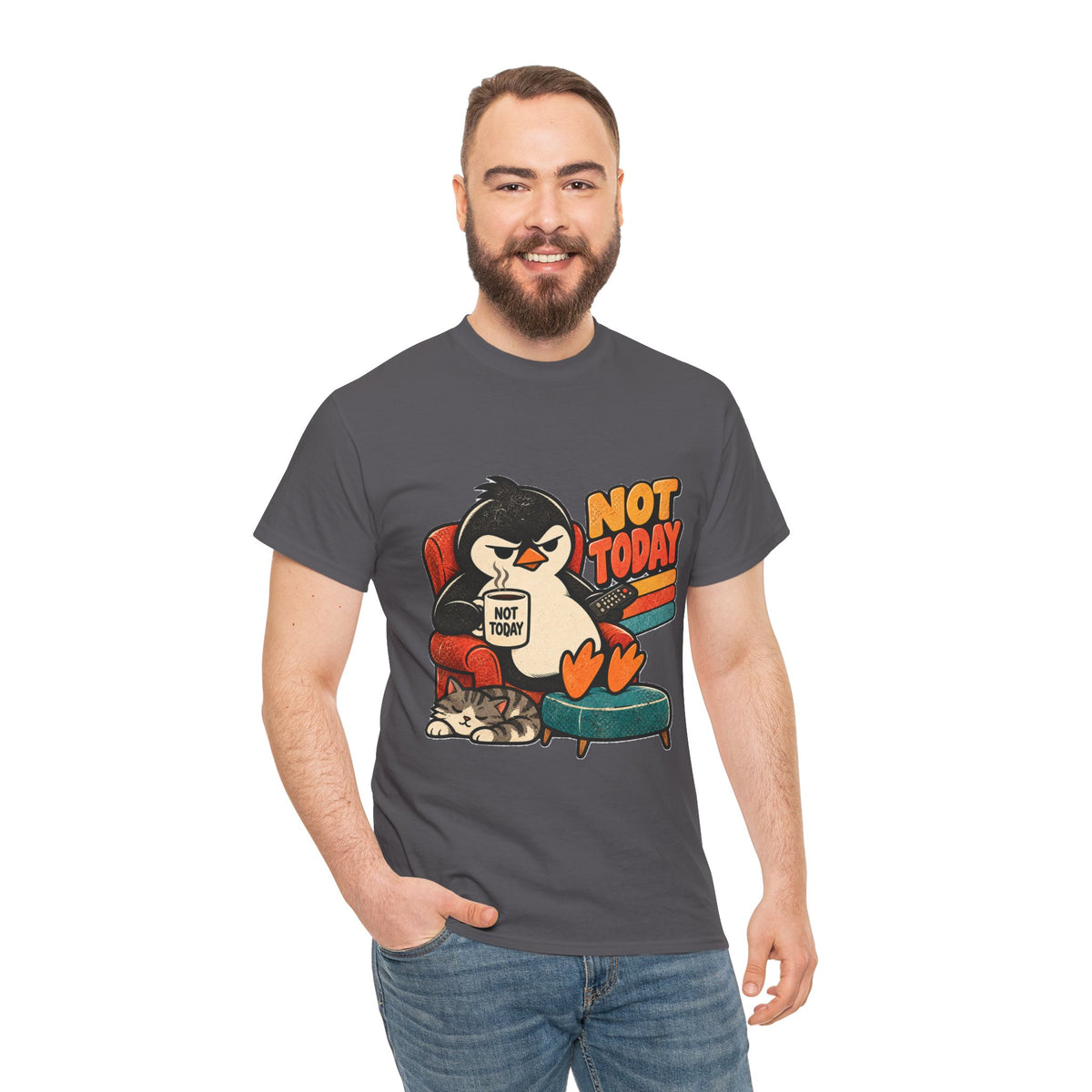 Not Today Penguin T‑Shirt — Lazy Penguin with Coffee Cute Graphic Tee