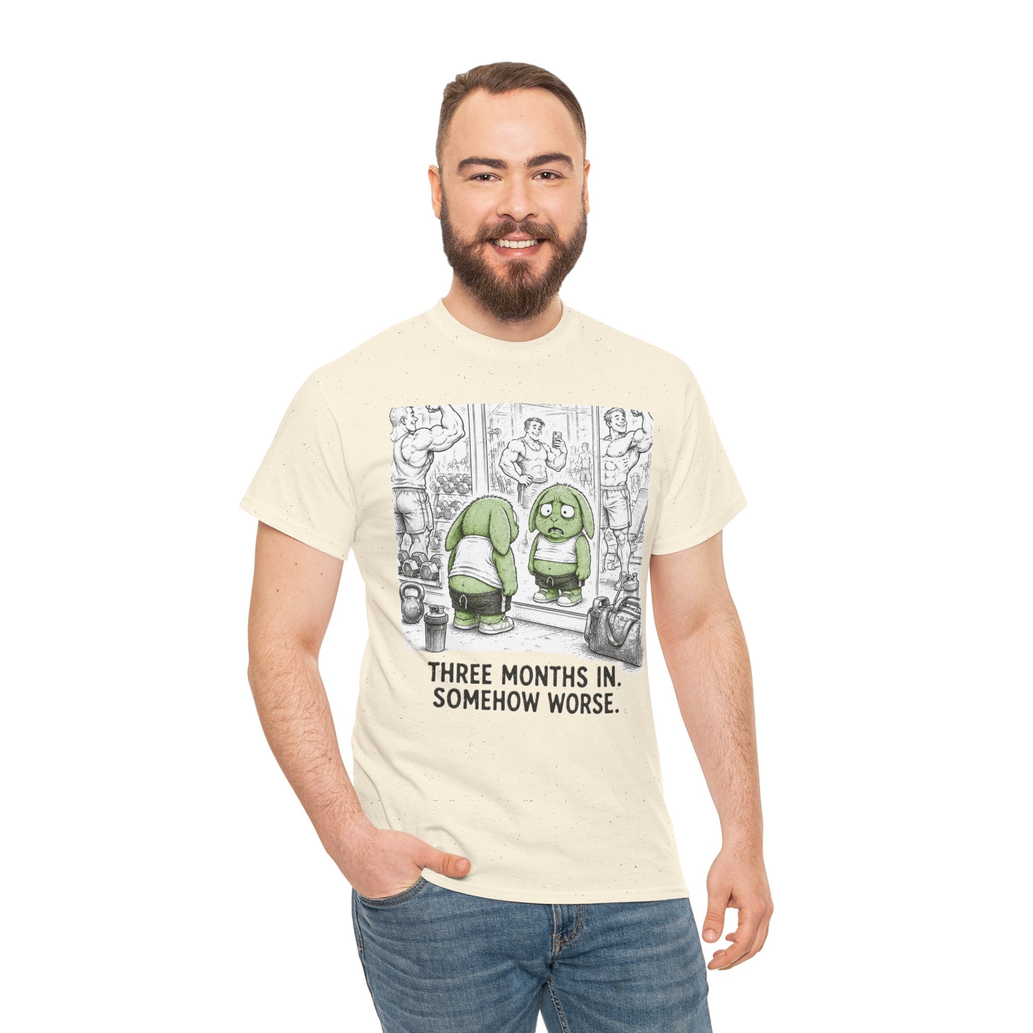 Three Months In Somehow Worse T-Shirt – Funny Gym Mirror Fail | New Year Resolution Workout Graphic Tee
