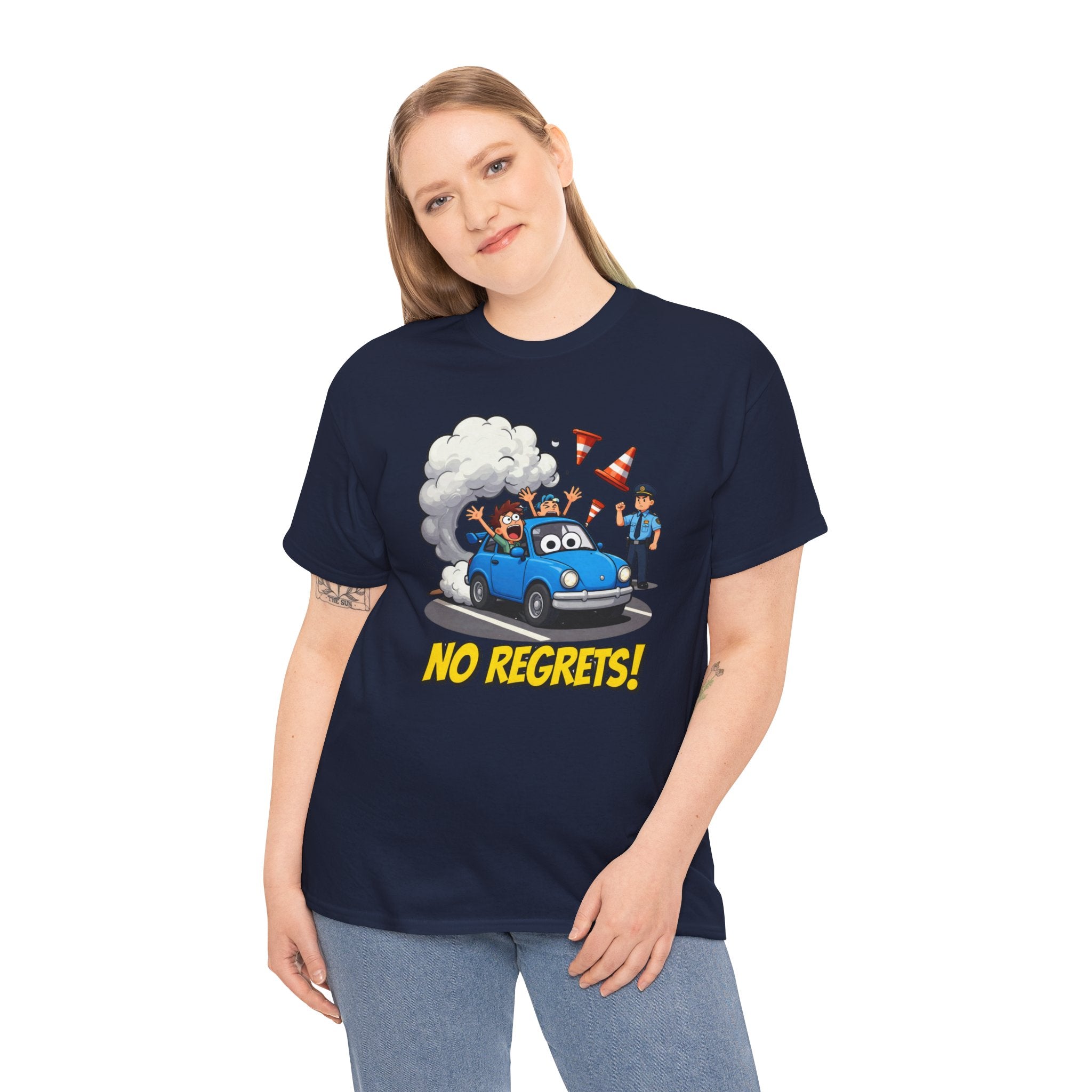 No Regrets T-Shirt – Funny Cartoon Car Police Chase Road Cone Chaos | Bad Driver Motoring Humour Graphic Tee